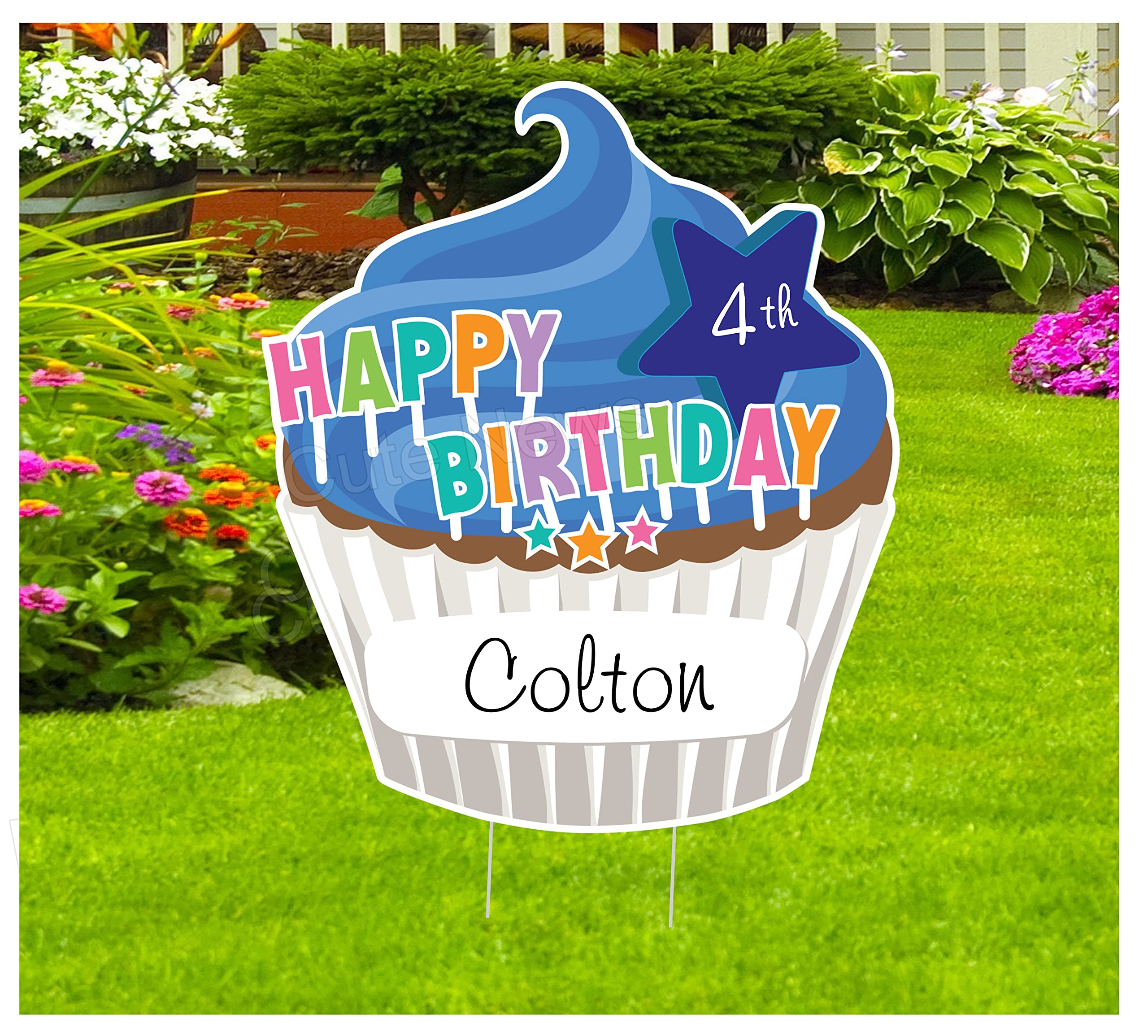 Custom Personalized Birthday Yard Sign - Name & Age Cupcake Party Lawn Decor for Outdoor Garden Celebrations | Photo Booth Prop, Greeting Banner & Unique Gift for Boys & Men (Blue) - Perfect for Backyard Parties, Baby Showers & Special Events