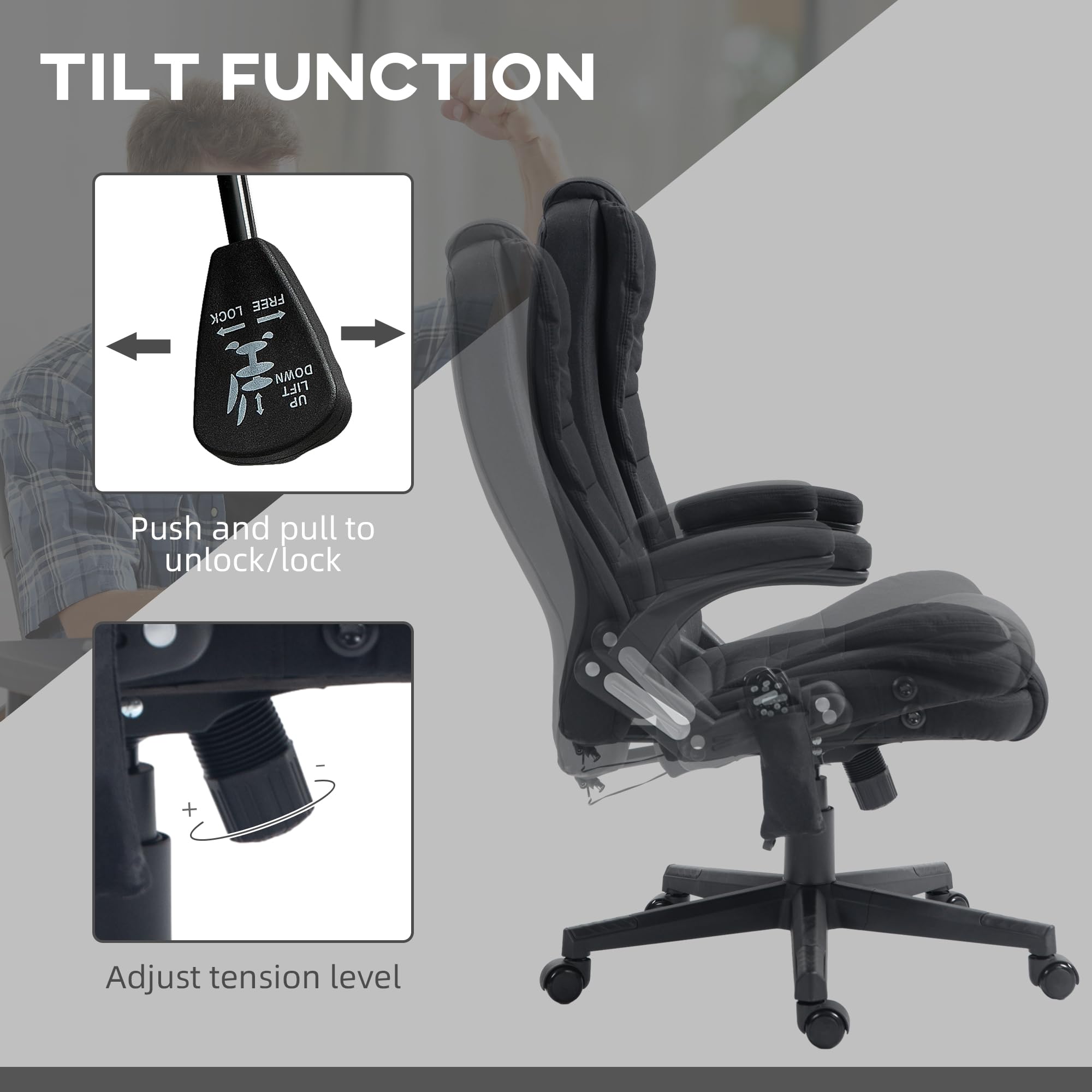 Vinsetto 6-Point Vibrating Massage Office Chair with Heating - High Back Executive Chair with Reclining Function, Padded Armrests & Remote Control - Black - Perfect for Home Office, Gaming & Relaxation