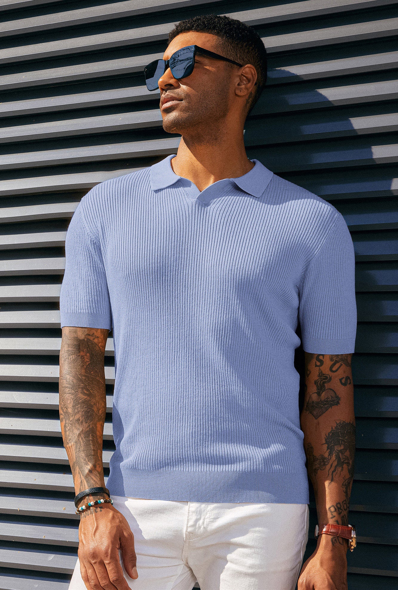 Men's Ribbed Textured V-Neck Knit Polo Shirt - Breathable Casual Shirt for Work, Golf & Everyday Wear