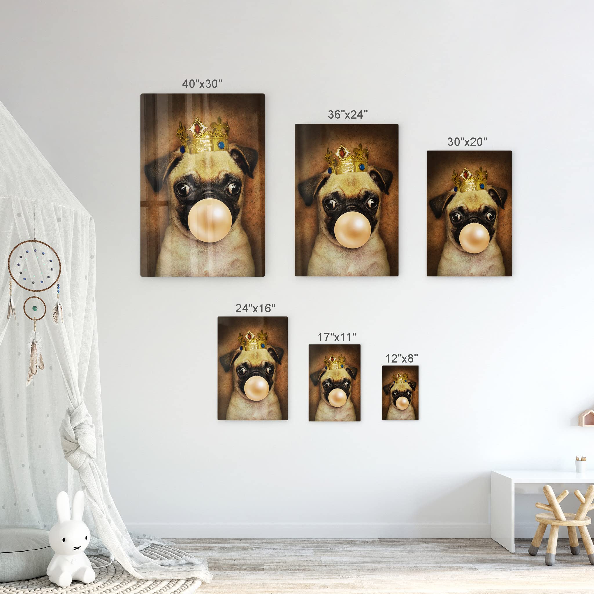 King Pug & Epagneul Breton Dog Portrait Metal Wall Art Set - Crowned Pug Chewing Bubble Gum, 2-Piece Animal Decor for Living Room, Bedroom, Nursery (17x11 Inches) - Perfect for Pet Lovers' Home & Kids Room Wall Decoration