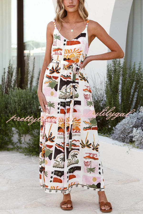 Stylish V-Neck Suspenders Wide Leg Jumpsuit with Beach Vacation Print - Perfect for Summer Outfits, Casual Wear & Vacation Essentials