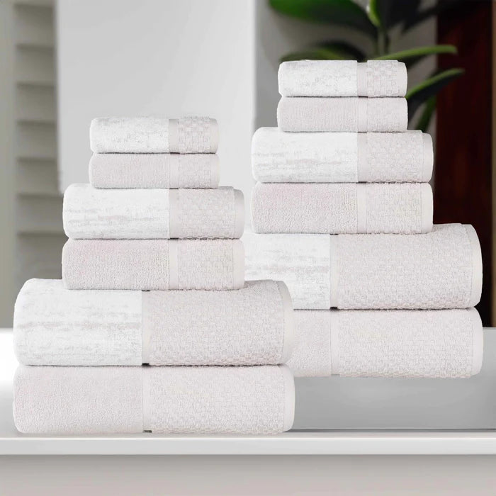 Premium 12-Piece Cotton Plush Jacquard Towel Set - Soft & Absorbent Bath & Hand Towels for Luxury Spa, Hotel, and Home Use