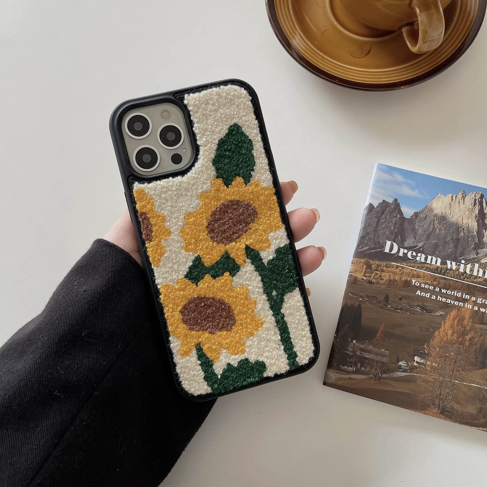 **Sunflower Embroidery iPhone 13 Pro Max Case - Cute Yellow Floral Soft TPU Bumper Cover, Shockproof Protective Phone Case for 6.7 Inch (Chic Design) - Perfect for Daily Use, Travel & Gift Giving**