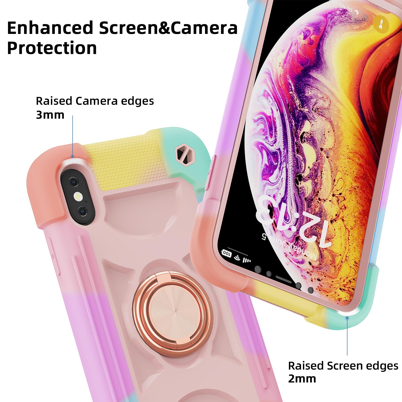 MARKILL Military Grade Shockproof iPhone Xs Max Case 6.5 Inch with Ring Stand & Magnetic Car Mount | Heavy Duty Protective Phone Cover for iPhone Xs Max (Rainbow Pink) | Perfect for Outdoor Activities, Travel & Daily Use