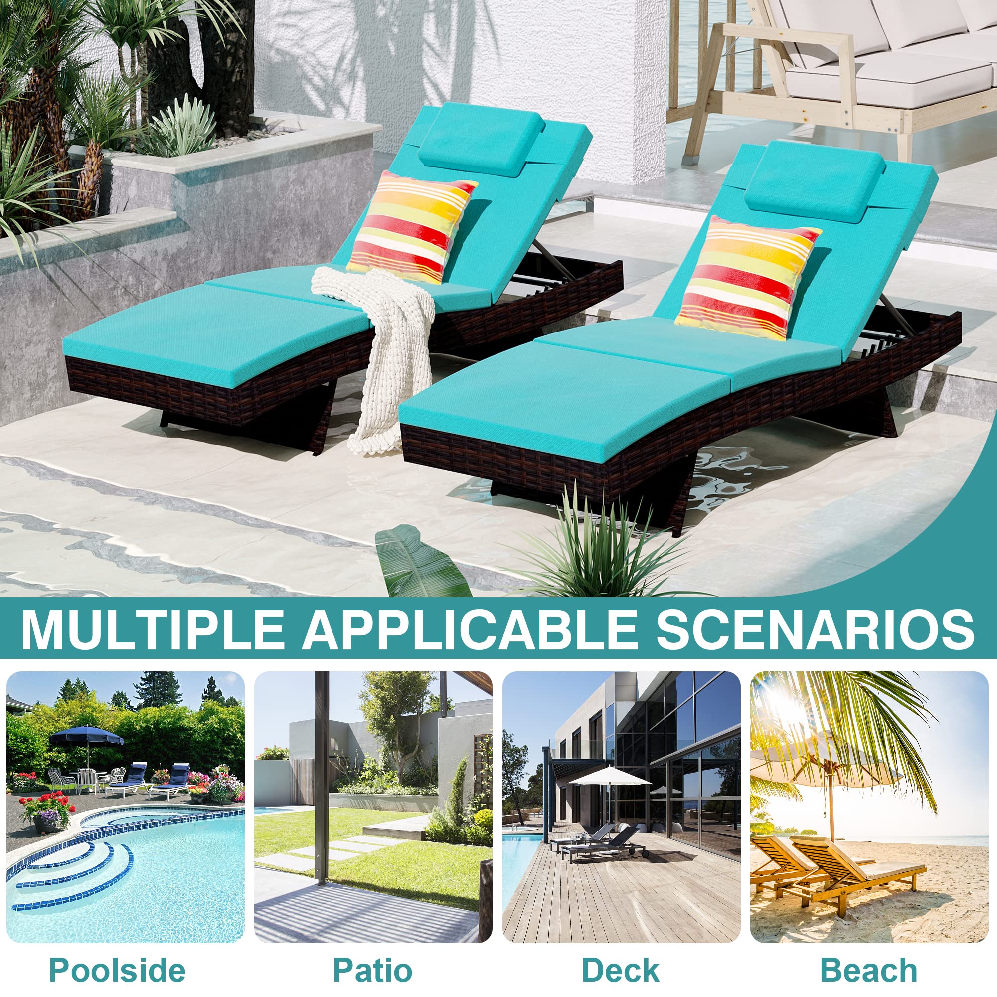 Sundale Outdoor Wicker Chaise Lounge Set of 2 - Adjustable Rattan Patio Lounge Chairs with Cushions & Pillows - Steel Frame, Turquoise - Perfect for Deck, Garden, Poolside & Indoor Use