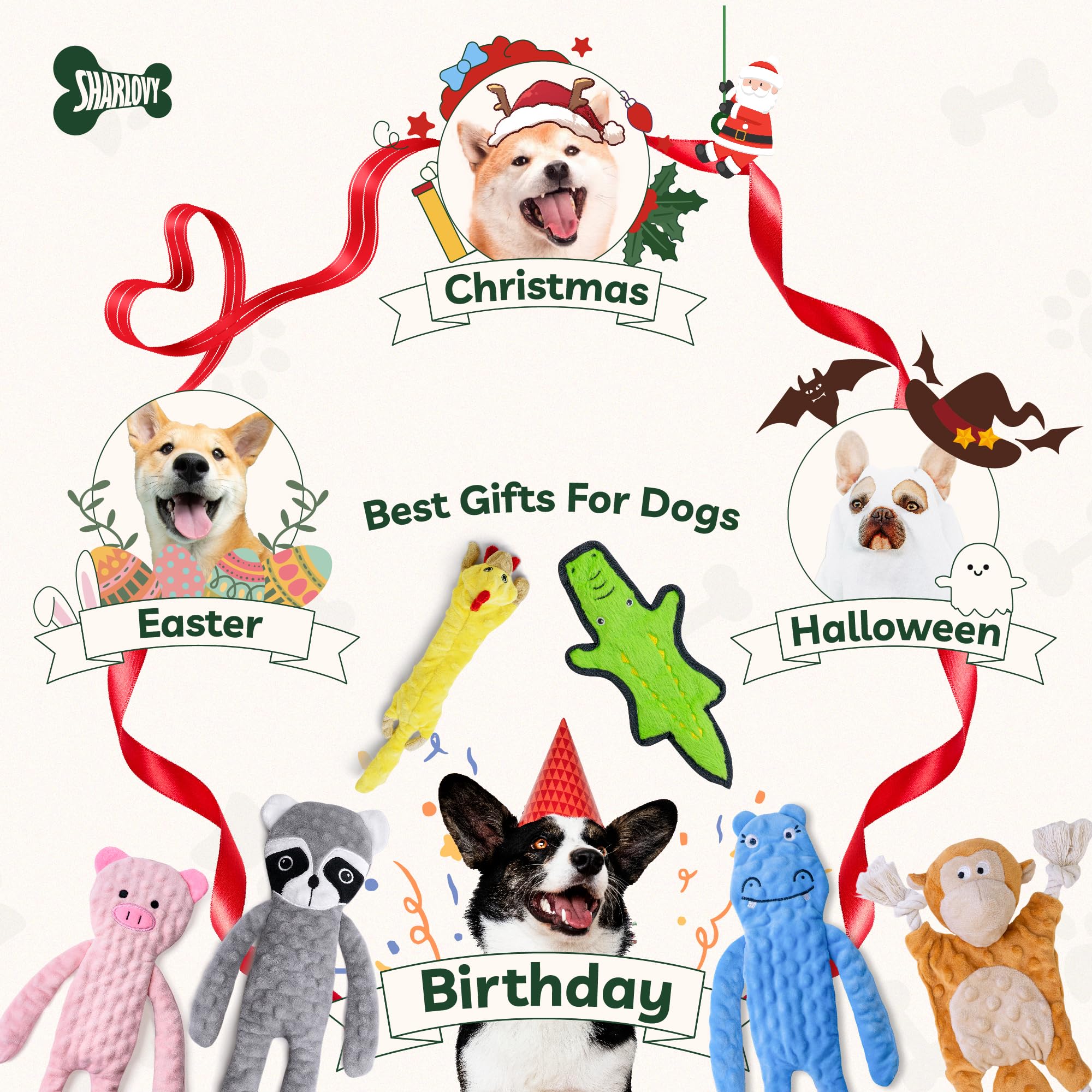 SHARLOVY Durable No-Stuffing Dog Toys with Crinkle & Squeaky Sounds - 6-Layer Tough Chew Toys for Aggressive Chewers, Puppy Teething - Long-Lasting Plush Toys for Small, Medium & Large Breed Dogs - Perfect for Playtime, Training & Anxiety Relief