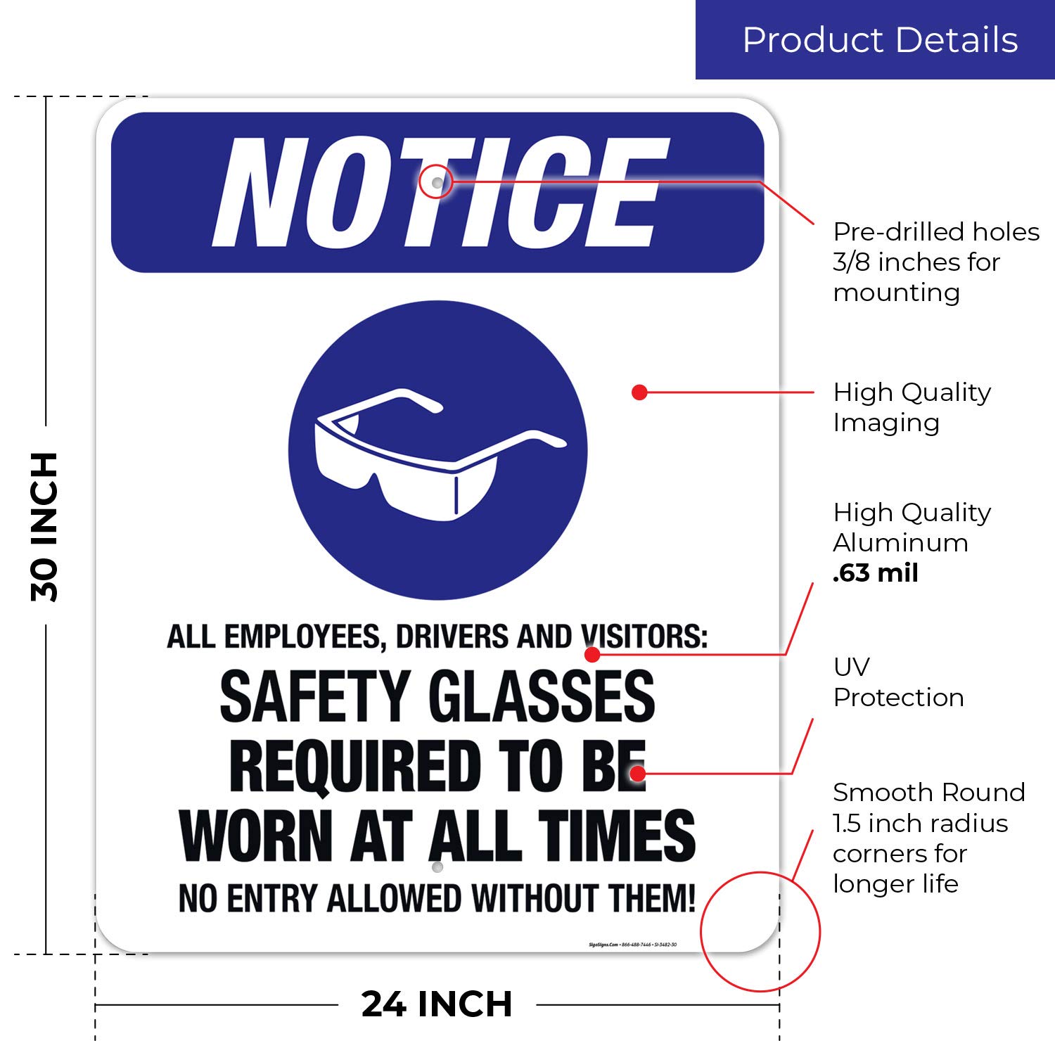 OSHA Compliant Safety Glasses Sign - 24x30 Inch Rustproof Aluminum Workplace Safety Sign | Durable Indoor/Outdoor Use for Construction Sites, Factories & Industrial Areas | Made in USA | Ideal for Hazard Zones, Warehouses, Manufacturing Facilities & Employee Safety Awareness