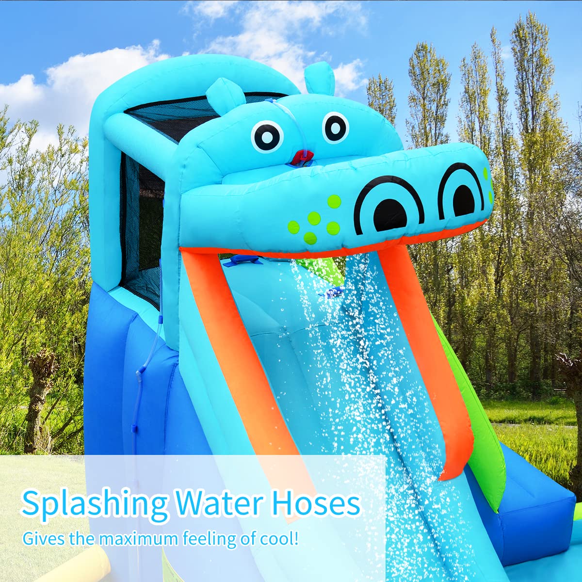 HONEY JOY Inflatable Water Slide - Hippo Theme Blow Up Bounce House with Climbing Wall for Backyard, Outdoor & Indoor Use - Kids and Adults Water Park Play Equipment (Blower Not Included) - Perfect for Summer Parties, Family Gatherings and Backyard Fun