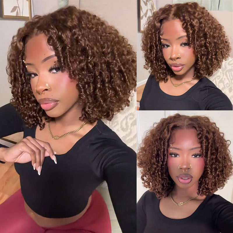 Eullair Short Brown Kinky Curly Bob Wig - 100% Human Hair Lace Front Wig for Women & Girls | Natural Look for Daily Wear, Cosplay & Special Occasions