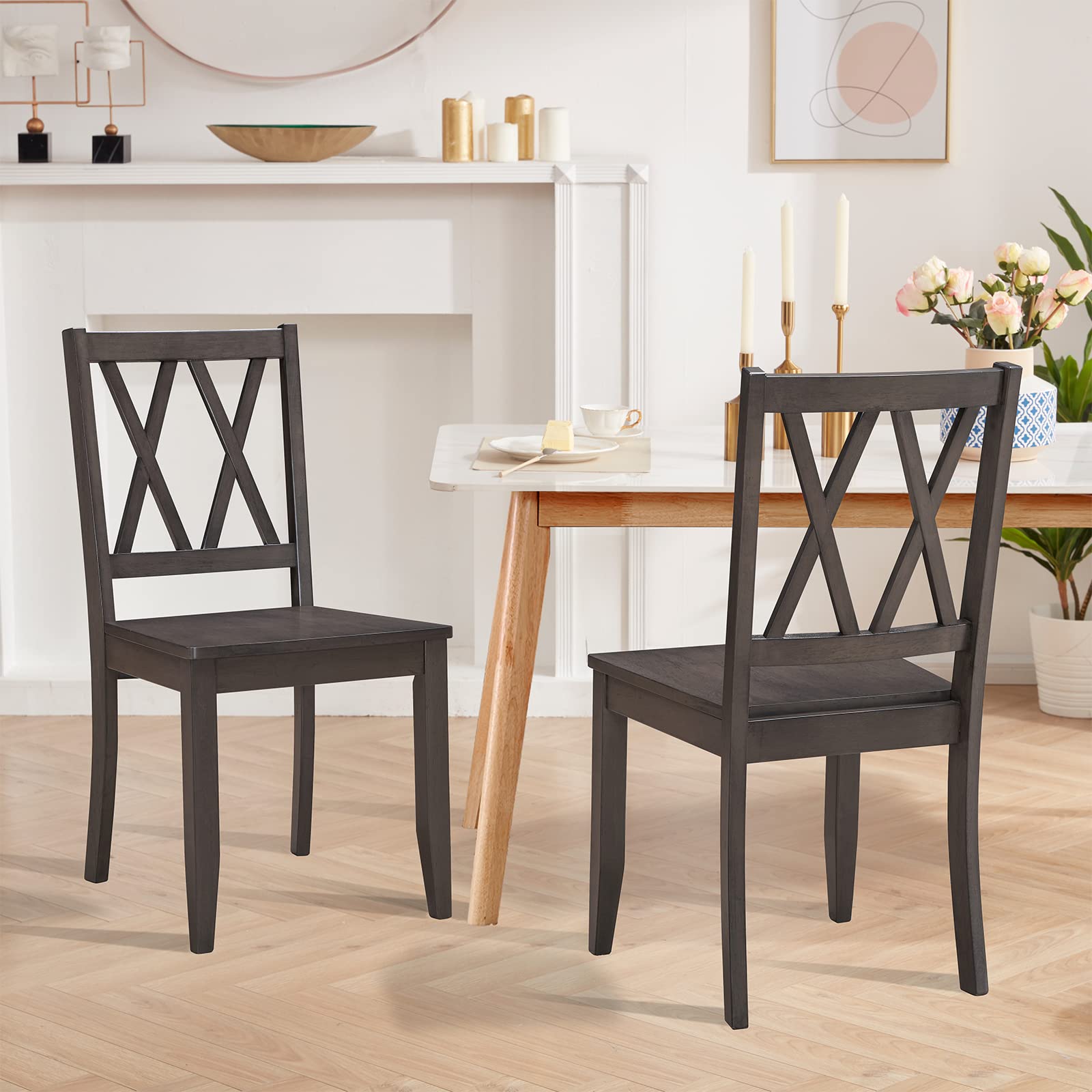 DUHOME Rubber Wood Dining Chairs Set of 2, Cross Back Natural Table Chairs with Grey Base, Perfect for Home Kitchen and Dining Room