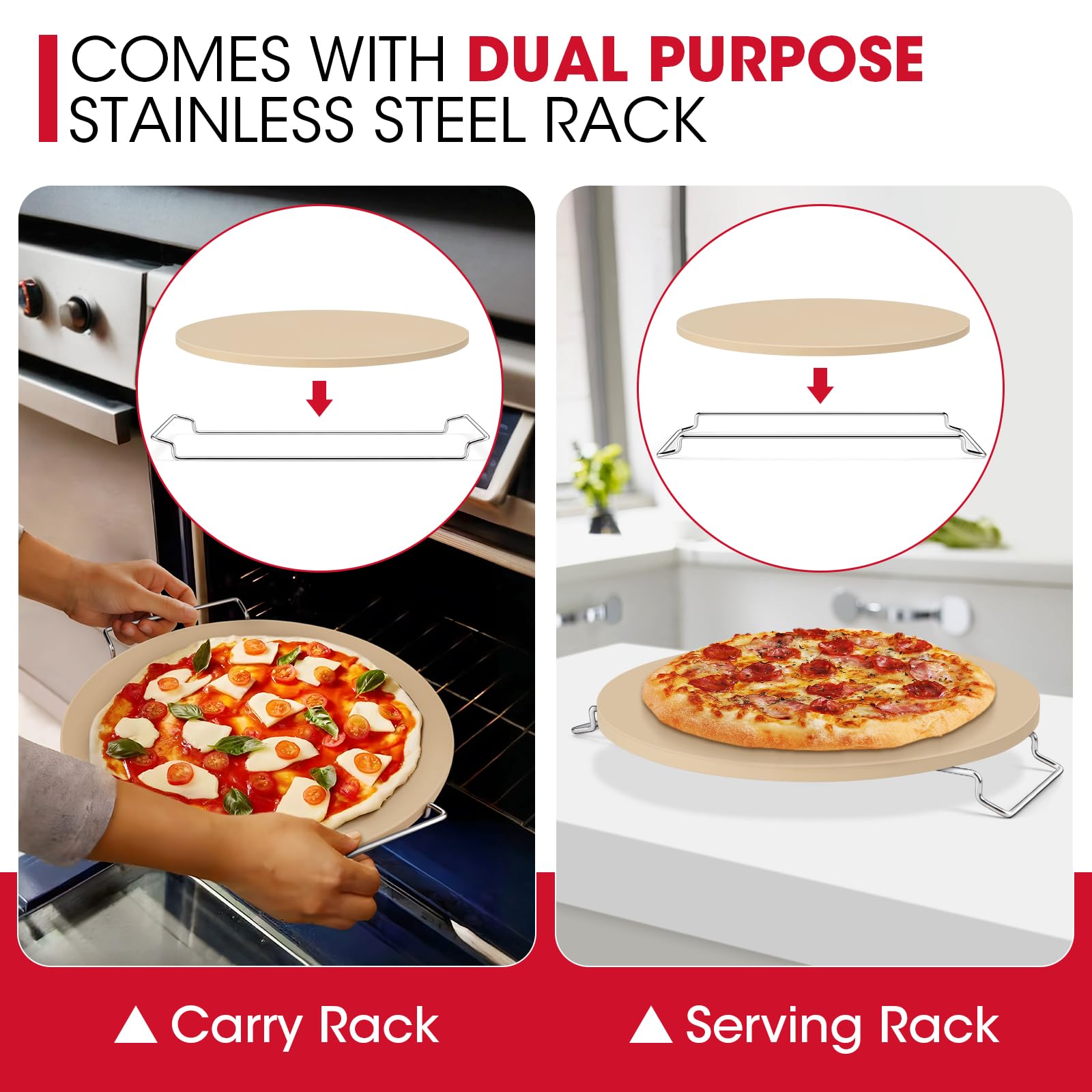 Unicook 15 Inch Round Pizza Stone for Oven & Grill - Cordierite Baking Stone for Pizza, Bread, Cookies & Pie - Includes Carry Rack & Dough Scraper - Perfect for Home Baking, Outdoor Grilling & Restaurant Use