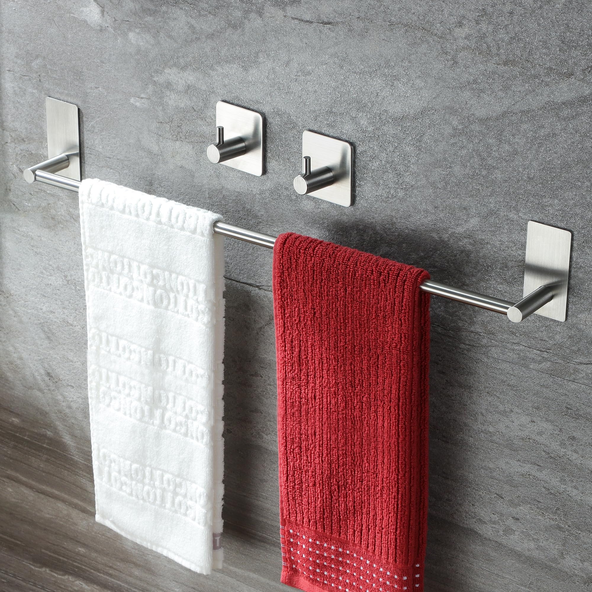 24 Inch Stainless Steel Towel Bar with 2 Adhesive Hooks - Wall Mount Bathroom Towel Holder for Hand & Kitchen Towels - Rustproof Bathroom Hardware Accessory for Home, Apartment & RV Use