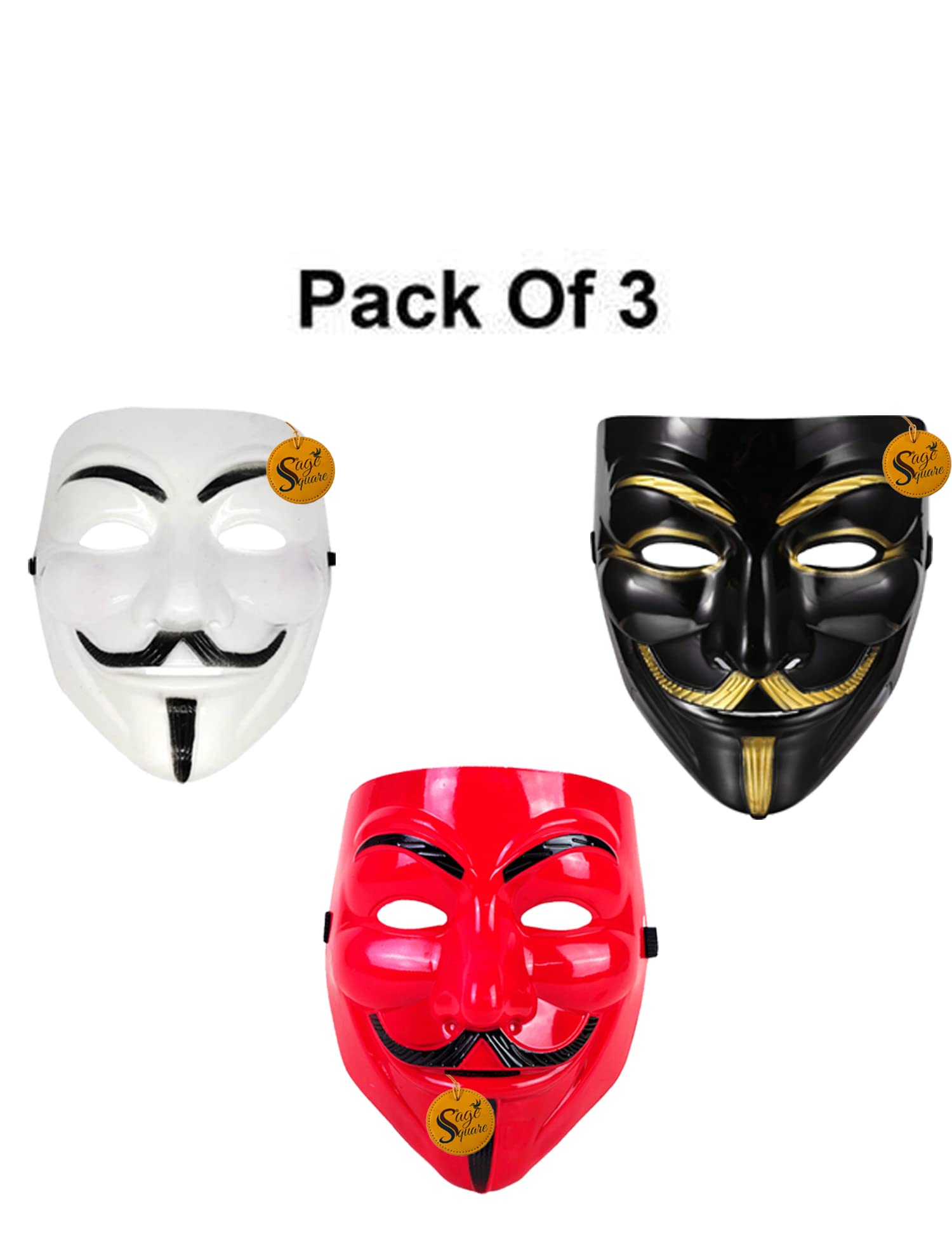 V for Vendetta Anonymous VIP Edition Face Mask - Sage Square Black, Red & White Set of 3 - Perfect Fit Cosplay & Halloween Costume Accessory for Parties, Protests & Movie Events