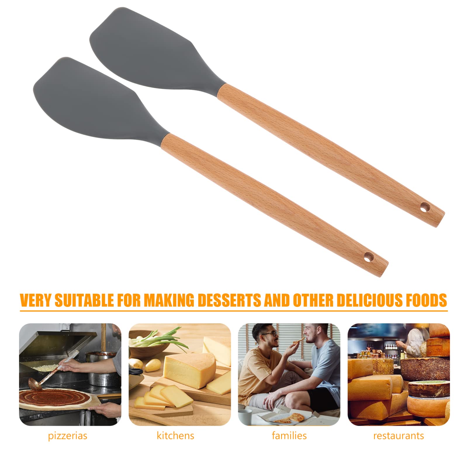 SOLUSTRE 2-Pack Wooden Handle Silicone Spatula Set - Heat-Resistant Cooking Utensil for Pizza, Eggs, Butter - Wide Kitchen Turner for Baking, Flipping & Serving - Perfect for Non-Stick Pans & Food Storage Buckets