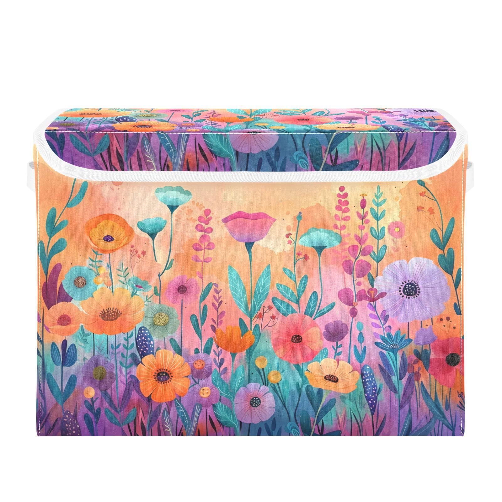 Senya Large Collapsible Storage Bins with Linen Fabric & Flip-Top Lid - Foldable Closet Organizer Containers for Home, Bedroom, Office (16.7 x 12.6 x 11.8in, Wildflowers Colorful) - Perfect for Toy Storage, Seasonal Clothes, and Blanket Organization