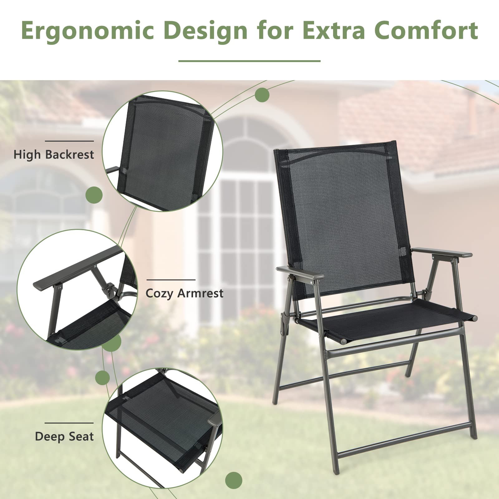 Giantex 4-Piece Patio Folding Chairs Set - Rustproof Metal Frame Outdoor Lawn Chairs for Porch, Deck, Garden, Backyard & Camping - Perfect for Picnics, BBQs, and Outdoor Relaxation