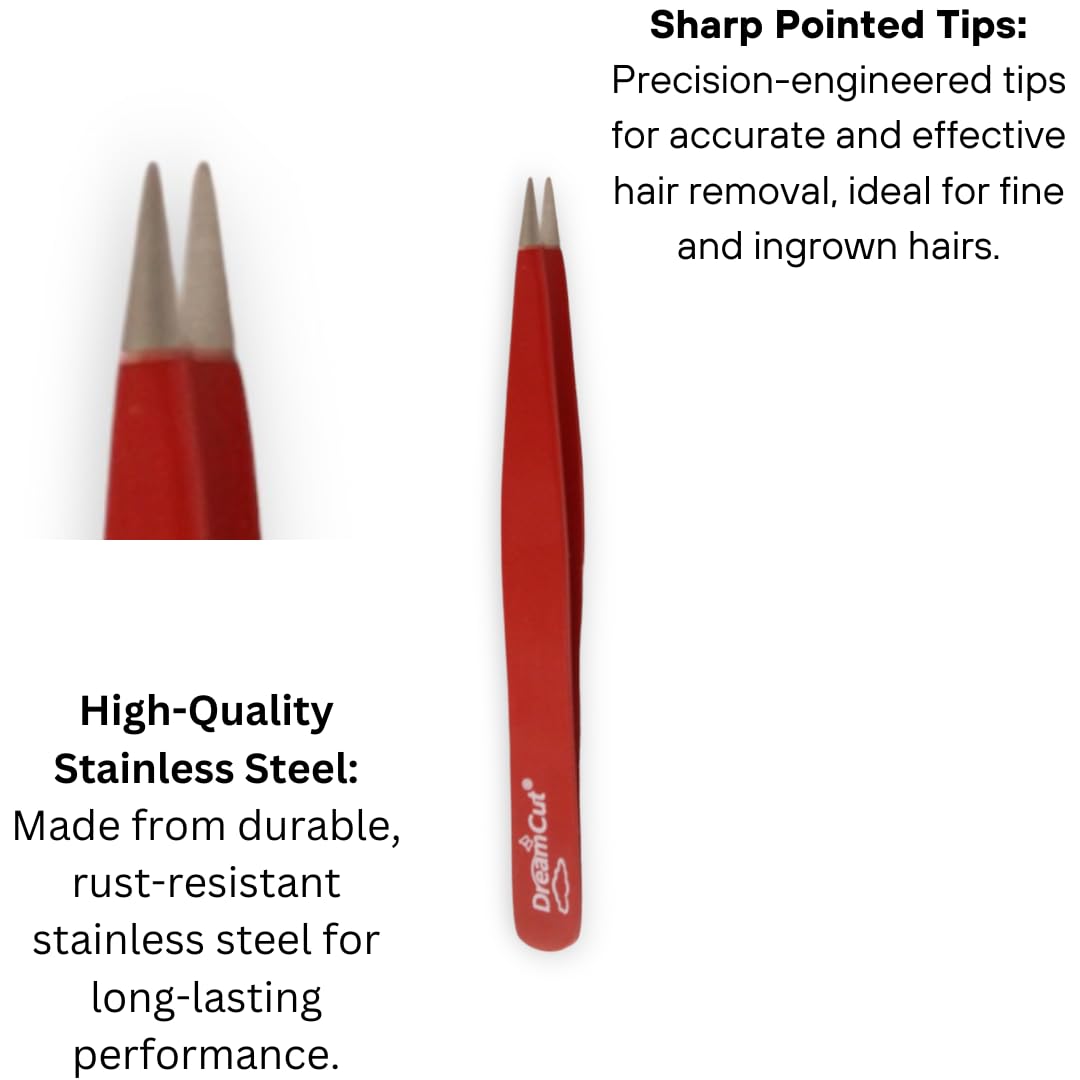 Precision Pointed Tip Tweezers - Stainless Steel Slant Tweezers for Eyebrows, Splinters & Ingrown Hairs - Professional Grooming & First Aid Essential (Red)
