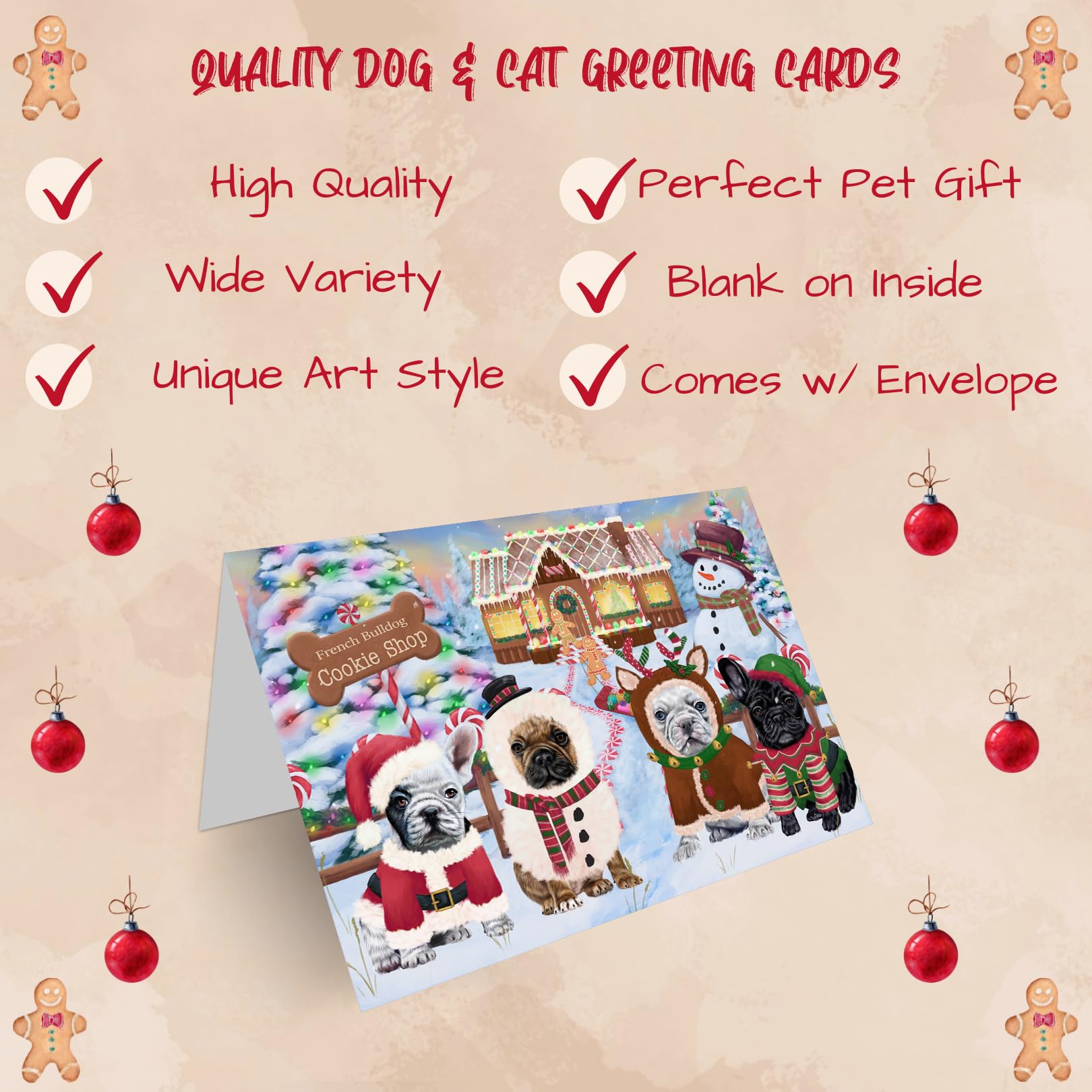 Christmas Gingerbread Cookie French Bulldogs Dog Greeting Cards - 10 Adorable Pet Invitation Cards with Envelopes - Festive Holiday Pet Artwork for Christmas, Birthday & Thank You Notes - Perfect for Pet Lovers & Dog Owners