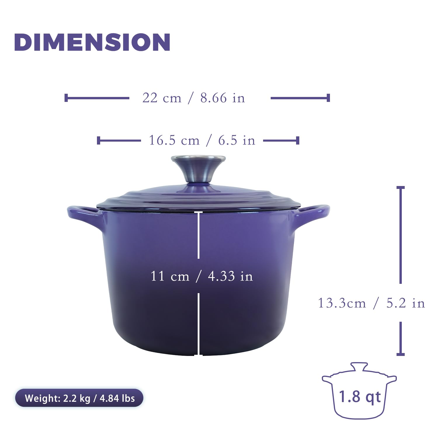 1.8 qt Purple Enameled Cast Iron Dutch Oven with Lid - Perfect for Bread Baking, Rice Cooking & Stews - Heavy Duty Oven Safe Pot with Handles for Stovetop, Oven & Camping Use