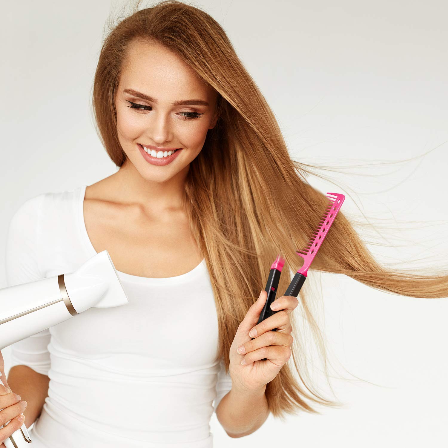 Alexvyan Pink V-Shaped Straightening Comb - Salon Hair Brush for Smooth & Tangle-Free Styling, Professional Hair Straightener for Knotty & Curly Hair (Pink) - Perfect for Home Use, Travel & Salon Styling