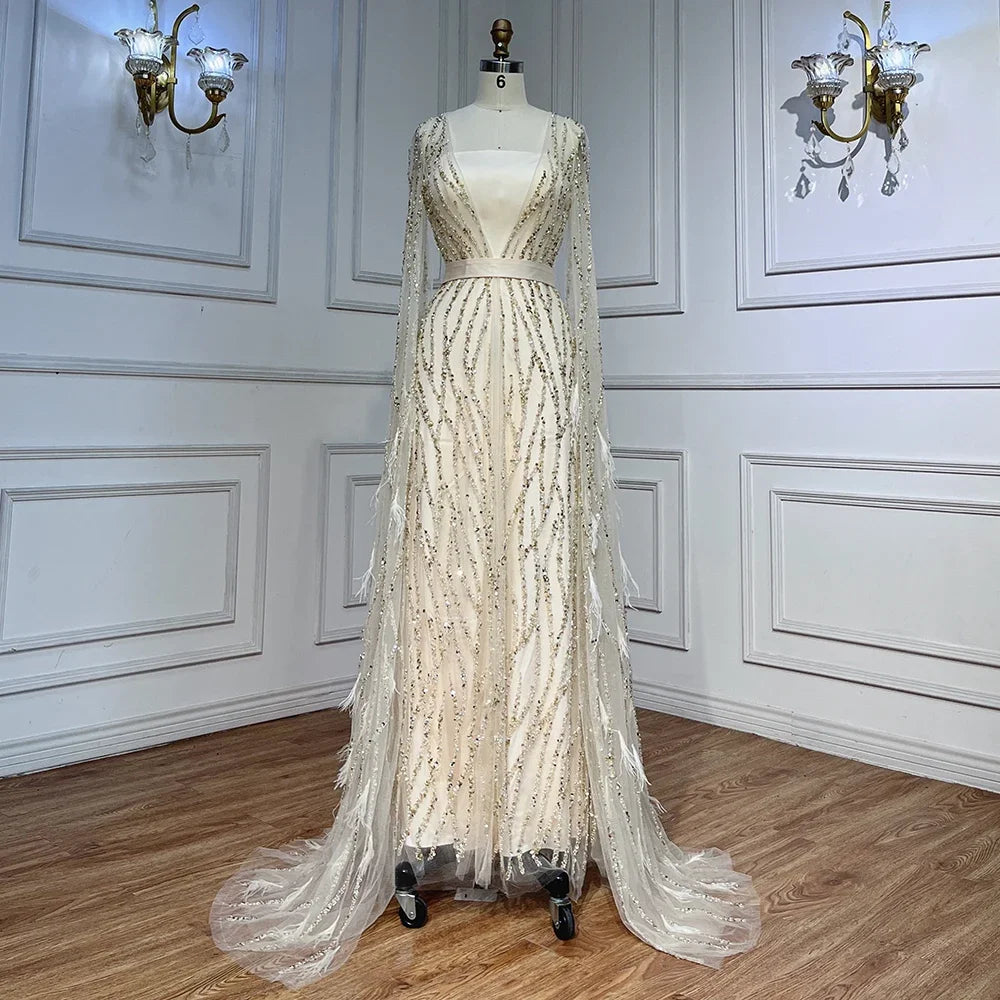 Serene Hill Ivory Mermaid Evening Gown with Elegant Feather Cape & Beaded Square Neckline - Luxury Moroccan Caftan Dress LA71748 for Weddings, Galas & Formal Events