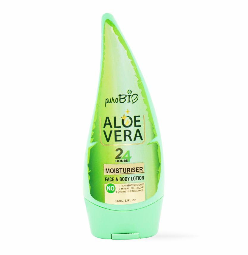 Purobio Organic Aloe Vera Face & Body Lotion - 24H Deep Moisturizing Cream for Dry, Sensitive Skin | Vegan, Paraben-Free, Silicone-Free Skincare | Hydrating Daily Moisturizer for Women & Men | Perfect for Home, Office & Travel Use - 100ml