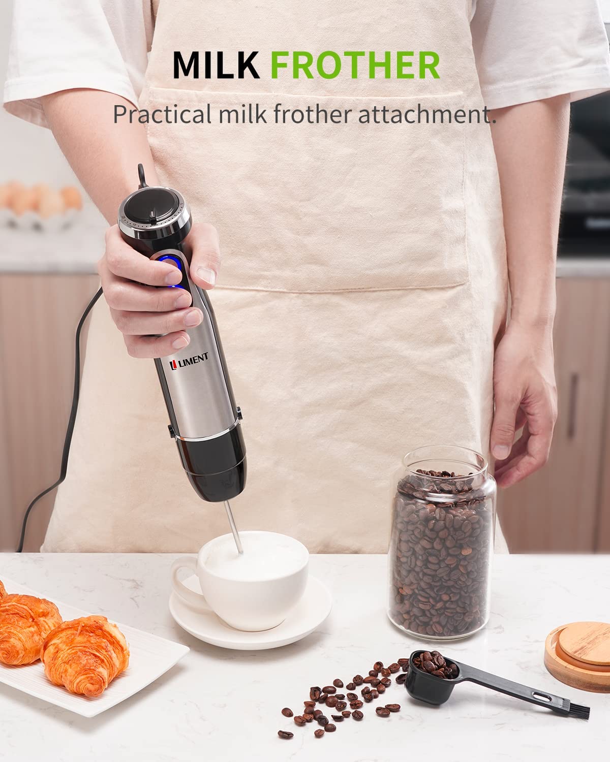 5-in-1 Multi-Purpose Hand Blender with 20-Speed Control - Heavy Duty Immersion Blender with Low-Noise DC Motor, Includes Food Chopper, Whisk, Milk Frother & Mixing Beaker - BPA-Free - Perfect for Smoothies, Soups, Baby Food & Baking