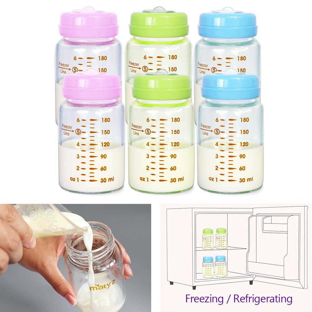 6-Pack Borosilicate Glass Breast Milk Storage Bottles (6 oz) - Wide Neck BPA-Free Baby Bottles for Breastmilk Collection & Formula Storage - Compatible with Medela, Avent, Spectra Pumps - Perfect for Pumping, Storing, and Feeding at Home or On-the-Go