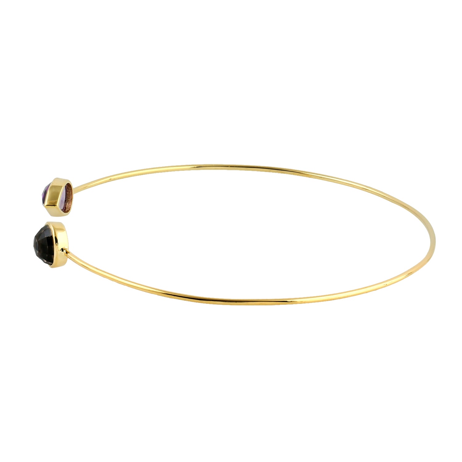 Bezel Set Quartz Smoky & Amethyst Solid Gold Cuff Bracelet for Women - Elegant Jewelry Gift for Her, Perfect for Weddings, Anniversaries & Special Occasions