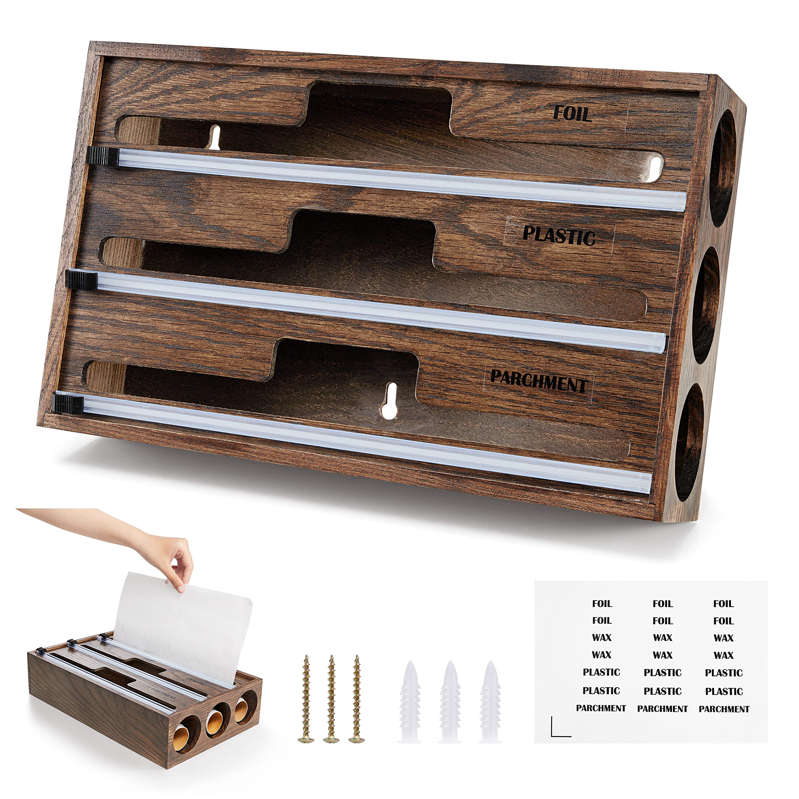 3-in-1 Natural Wood Wrap Dispenser with Built-in Cutter & Labels | Kitchen Drawer Organizer for Foil, Plastic Wrap & Wax Paper | Wall Mount Storage Solution for Cling Wrap, Aluminum Foil | Perfect for Meal Prep, Food Storage & Kitchen Organization