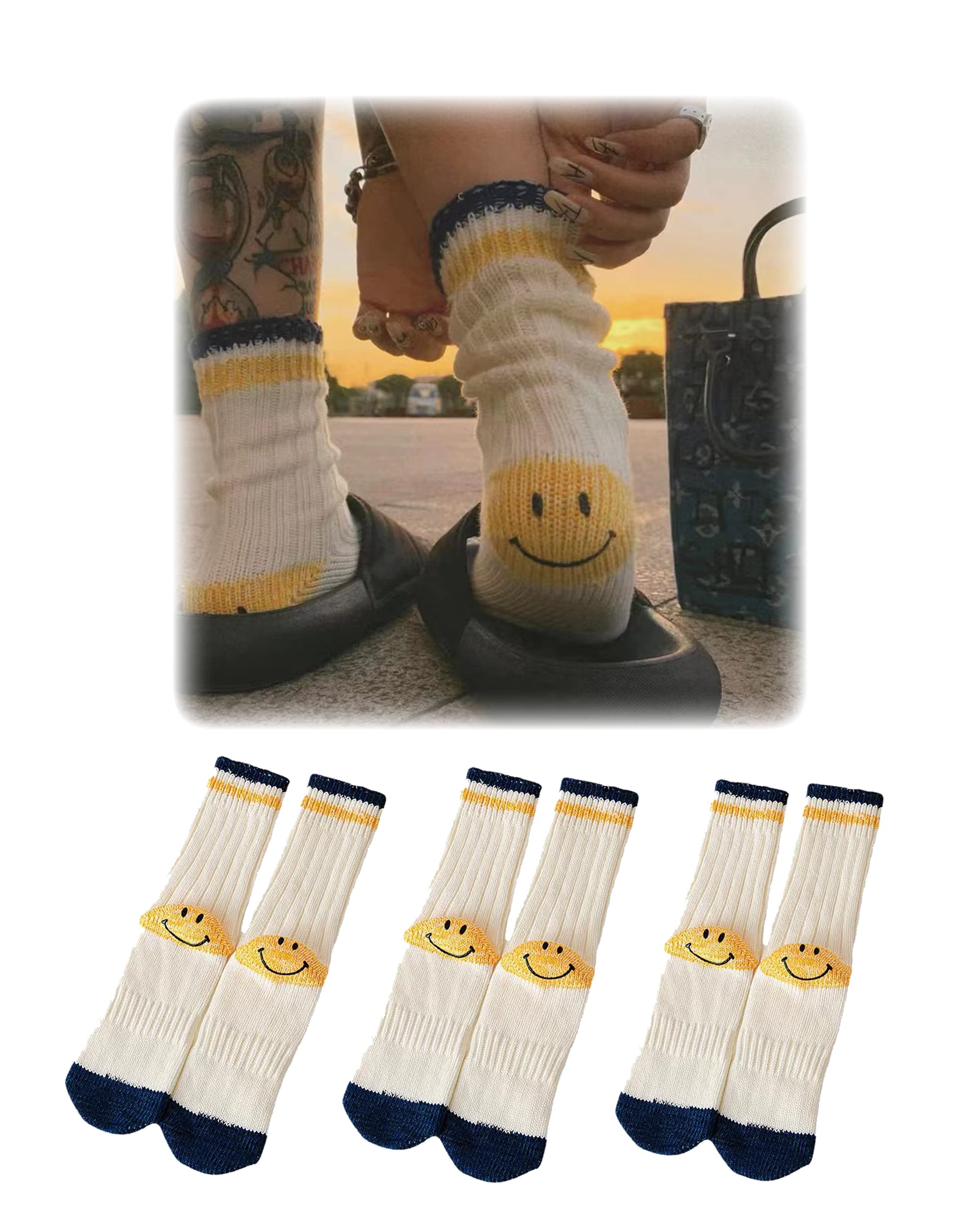 Ralxion 3 Pairs Smiley Face Socks - Cute Aesthetic Preppy Vintage Smiling Face Crew Socks for Women & Men | Perfect for Casual Wear, Gifts, and Everyday Fashion