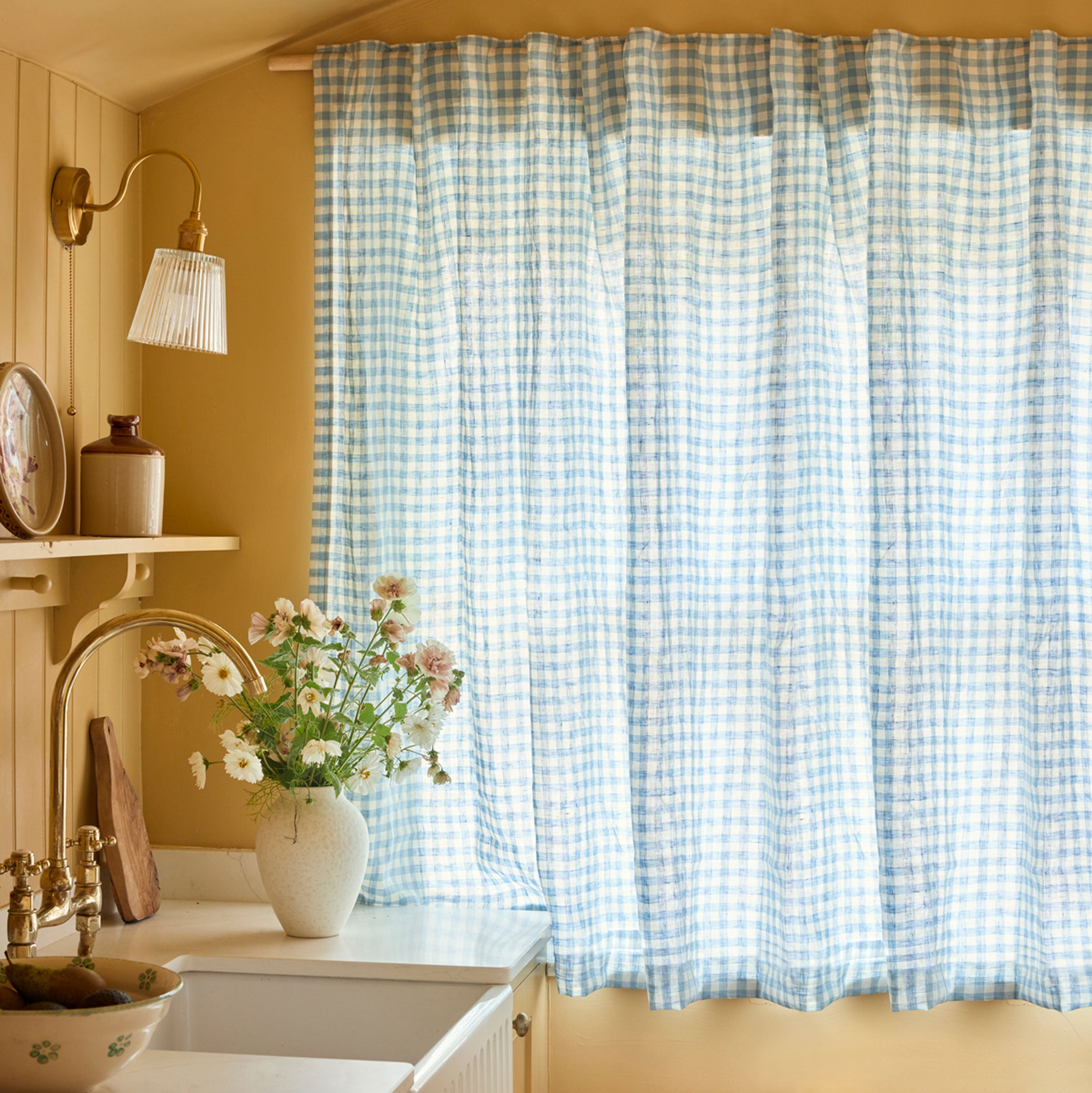 Blue Gingham Linen Blend Curtains - Thermal Insulated Window Drapes for Living Room & Bedroom (Set of 2 Panels)