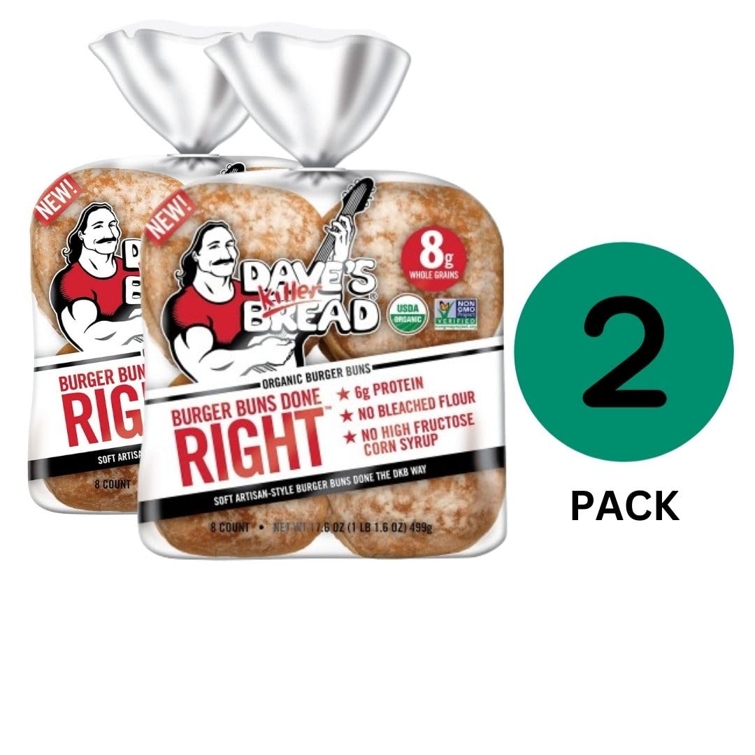Dave's Killer Bread White Burger Buns - Pack of 2 (16 Buns Total, 17.6 Oz) | Soft Artisan Buns for Burgers, Sandwiches & BBQs | Non-GMO & Organic