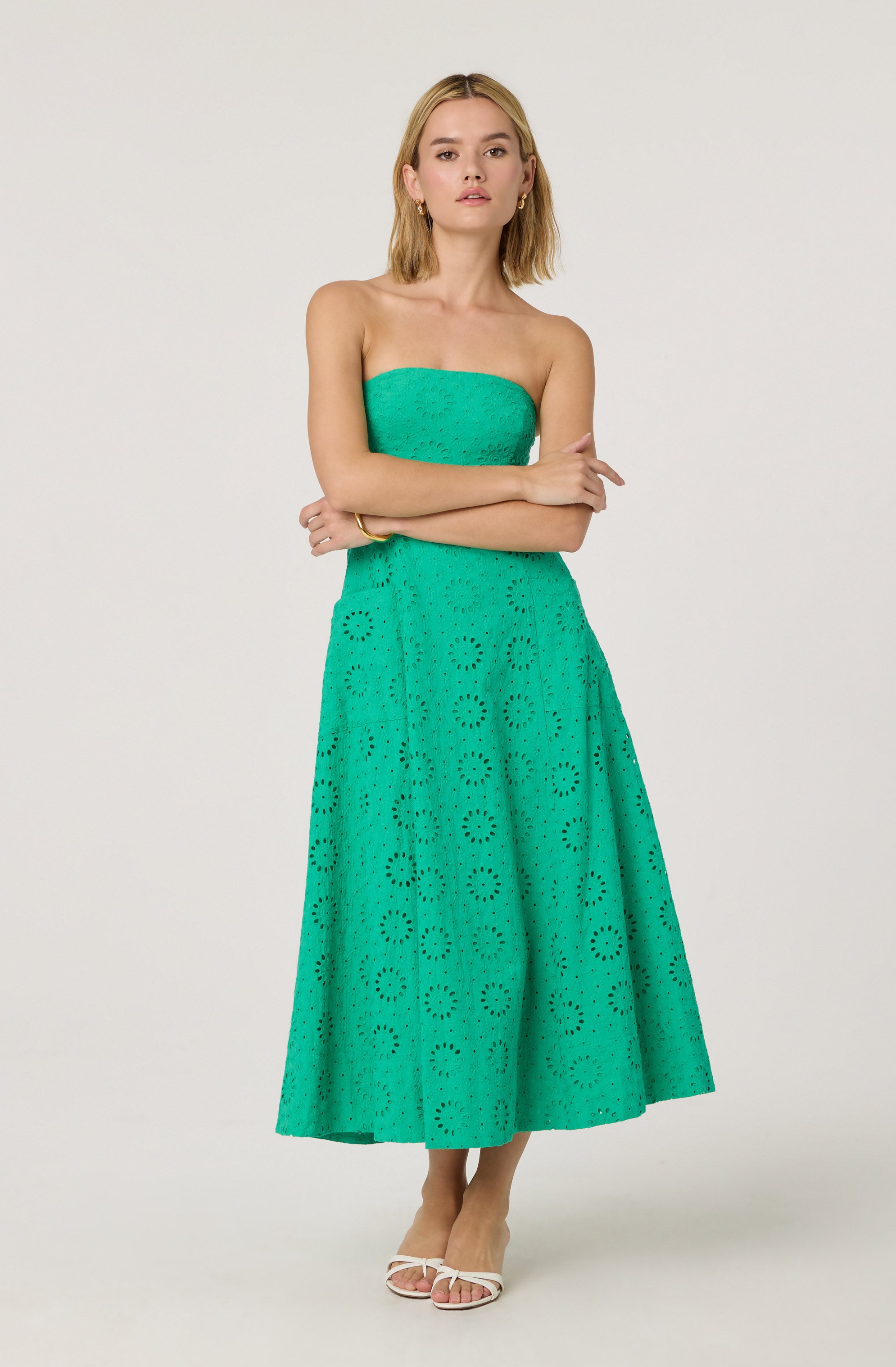 Strapless Eyelet Midi Dress for Women - Floral Lace Summer Dress for Beach, Wedding & Party