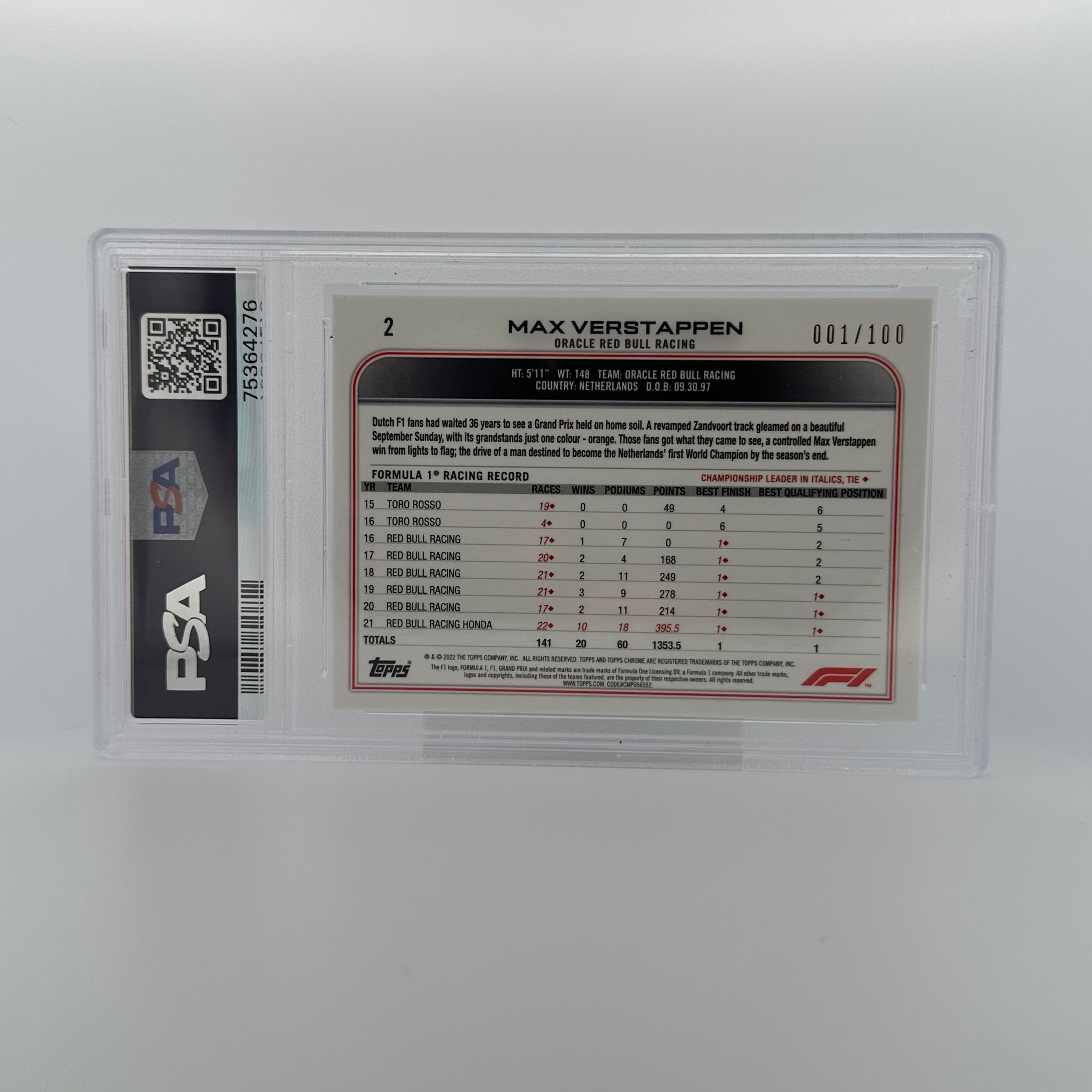 PSA 9 Graded /100 SAPPHIRE EDITION 2 MAX VERSTAPPEN SSP SEPIA Trading Card - Rare Collectible for Sports Memorabilia & Racing Fans