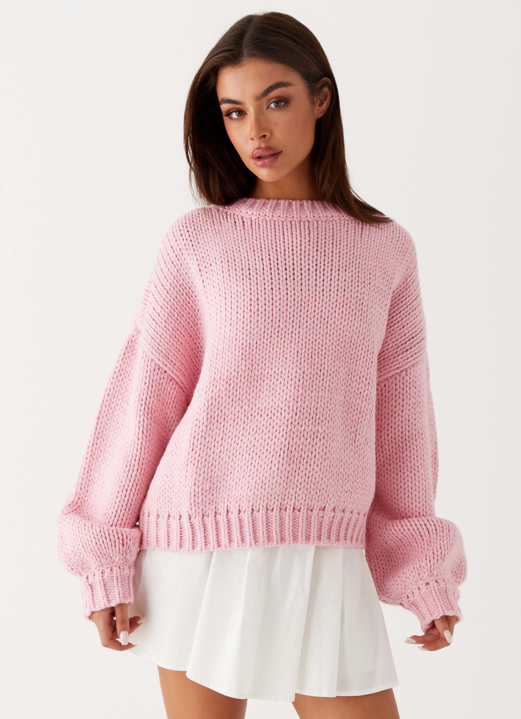 Costella Knit Sweater for Women - Soft Pink Cable Knit Pullover Sweater, Cozy Winter Casual Wear for Office, Date Night & Holiday Outfits