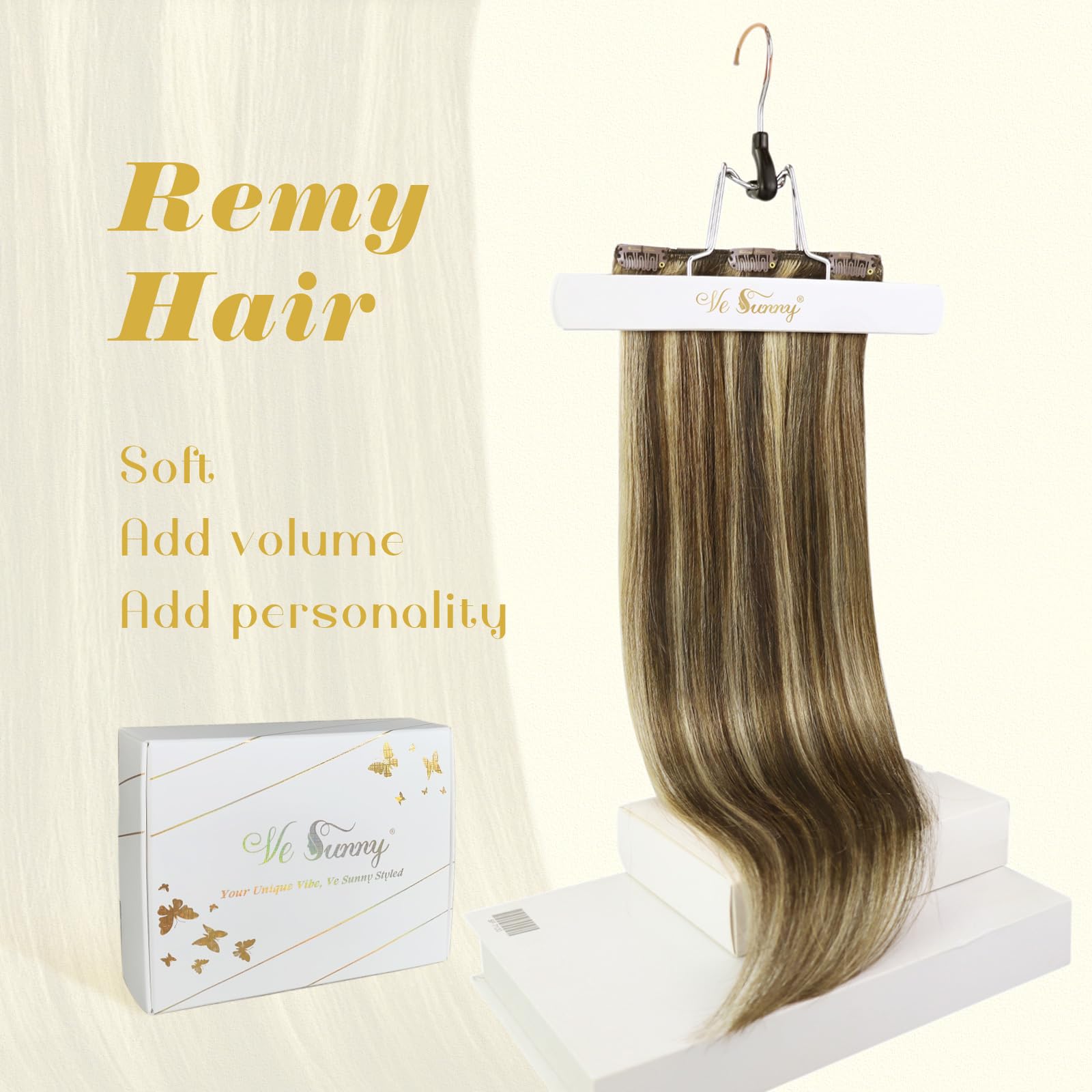 Ve Sunny 18inch Clip-in Human Hair Extensions - 7pcs 120g Dark Brown with Caramel Blonde Highlights | Real Human Hair for Volume & Length | Perfect for Parties, Weddings & Daily Styling