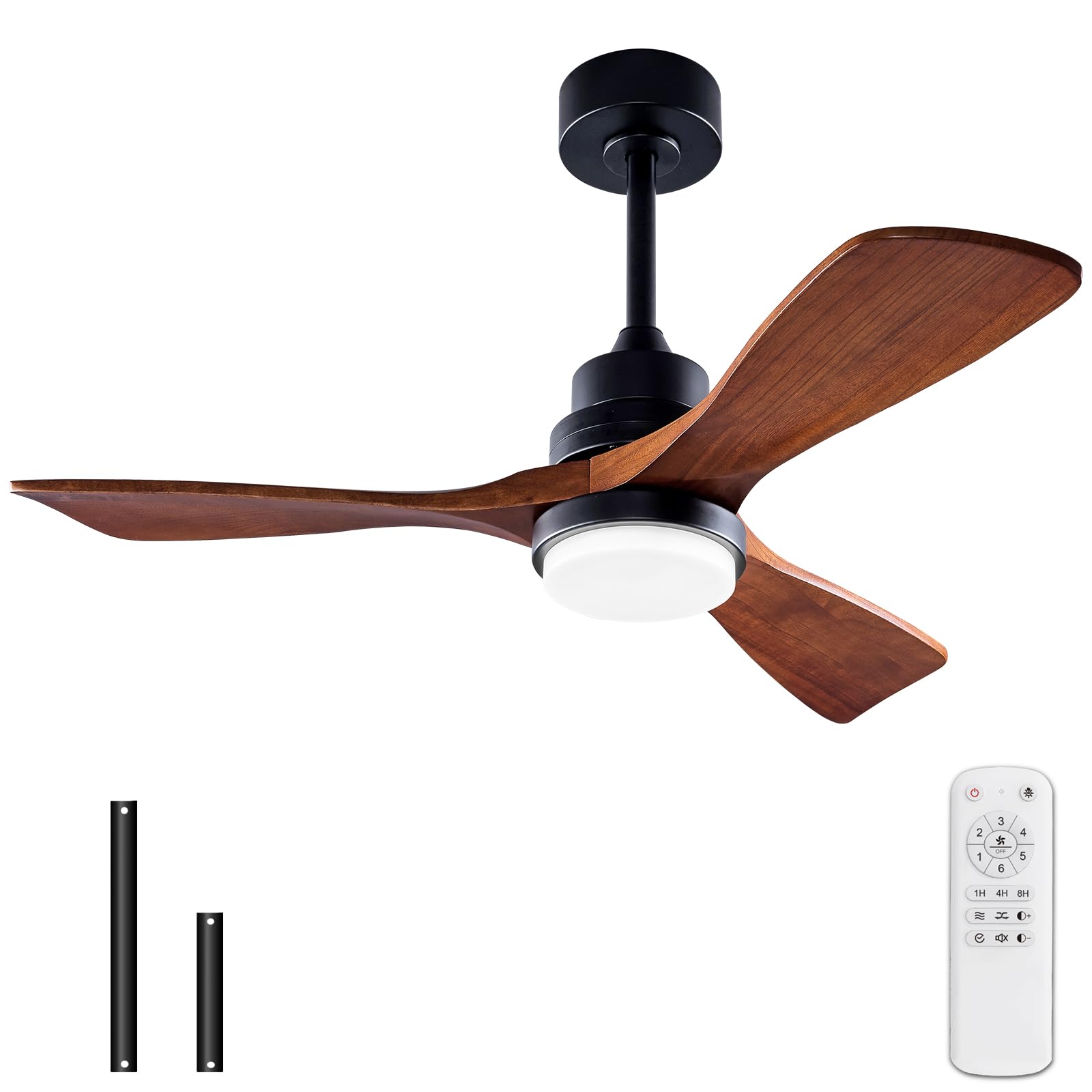 BOJUE 42 Inch Modern Black Ceiling Fan with Light and Remote Control - Dimmable LED Light, Ultra Quiet Reversible DC Motor, Memory Function - Solid Wood Indoor/Outdoor Ceiling Fan for Office, Patio, Living Room, Bedroom, Dining Room