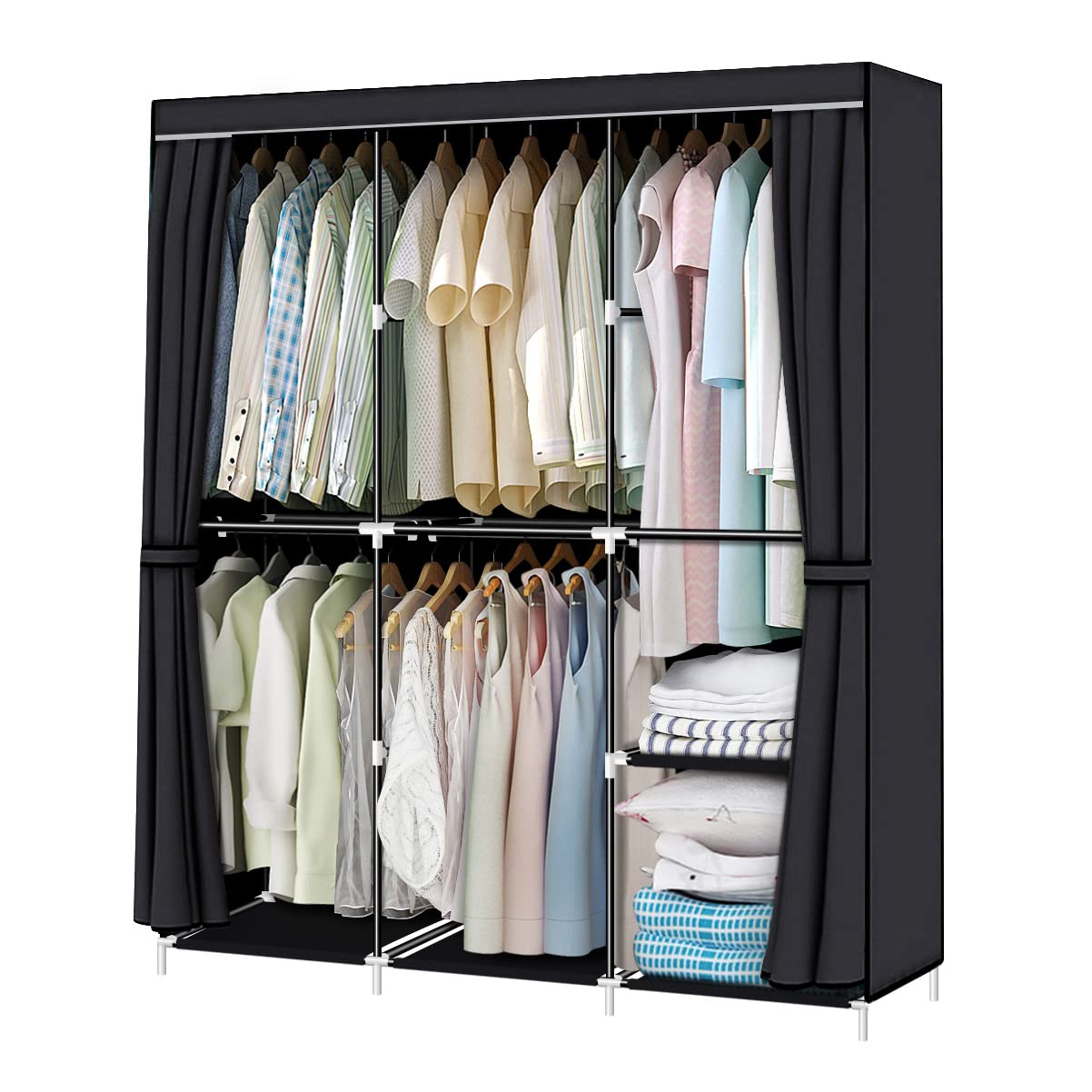 YOUUD 50 Inch Portable Wardrobe Closet with Non-Woven Fabric Cover & Hanging Rods - Easy Assembly Black Closet Organizer for Bedroom, Closet, Dorm, Travel & Temporary Storage