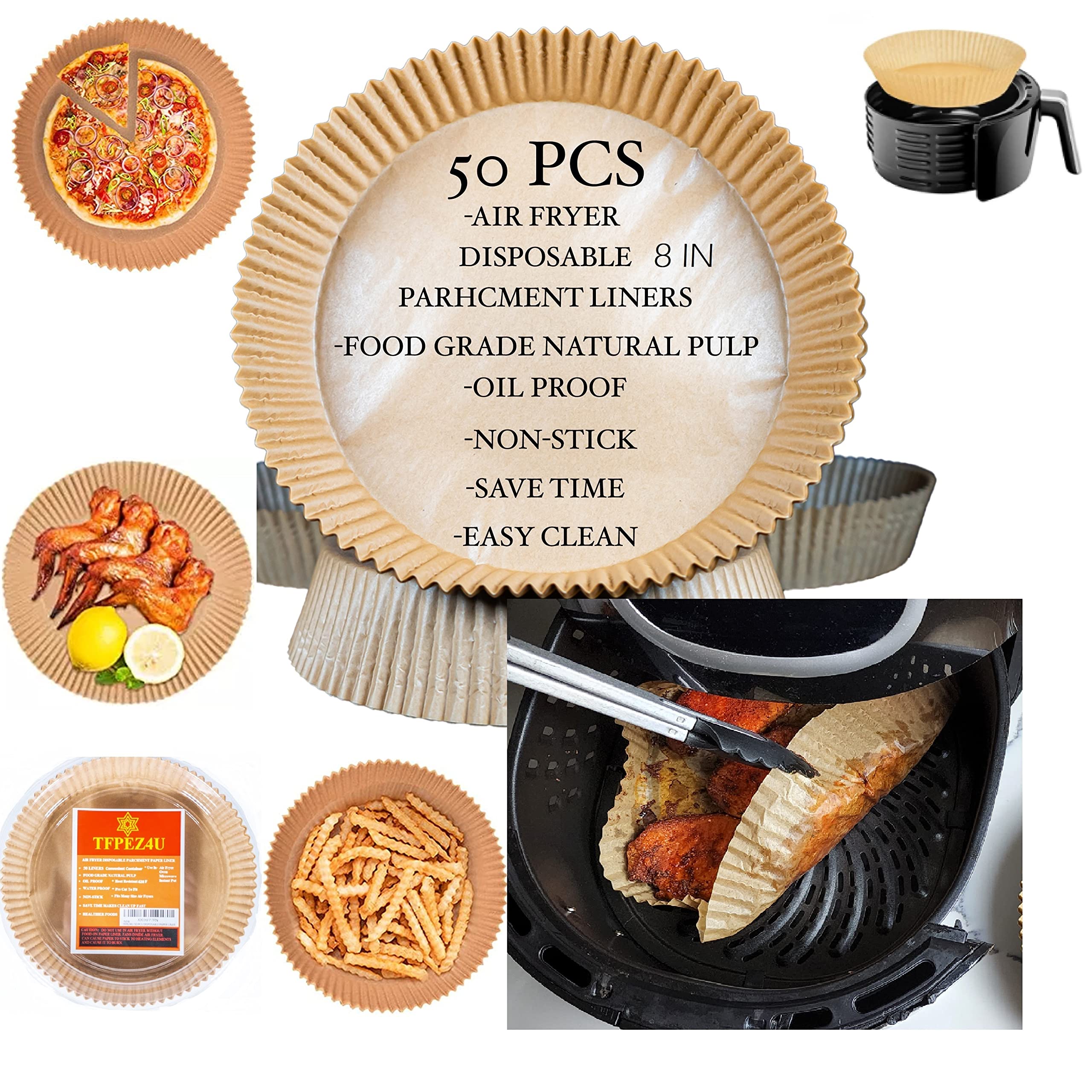 Non-Toxic Unbleached Air Fryer Disposable Paper Liners - Food Grade Safe, Leakproof & Non-Stick - Keep Your Air Fryer Clean - Perfect for Cooking Chicken Wings, French Fries & Vegetables