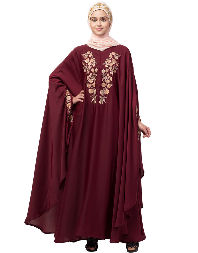 Elegant Arabic Embroidered Irani Kaftan - Maroon Neck & Sleeve Design | Perfect for Eid, Weddings & Special Occasions