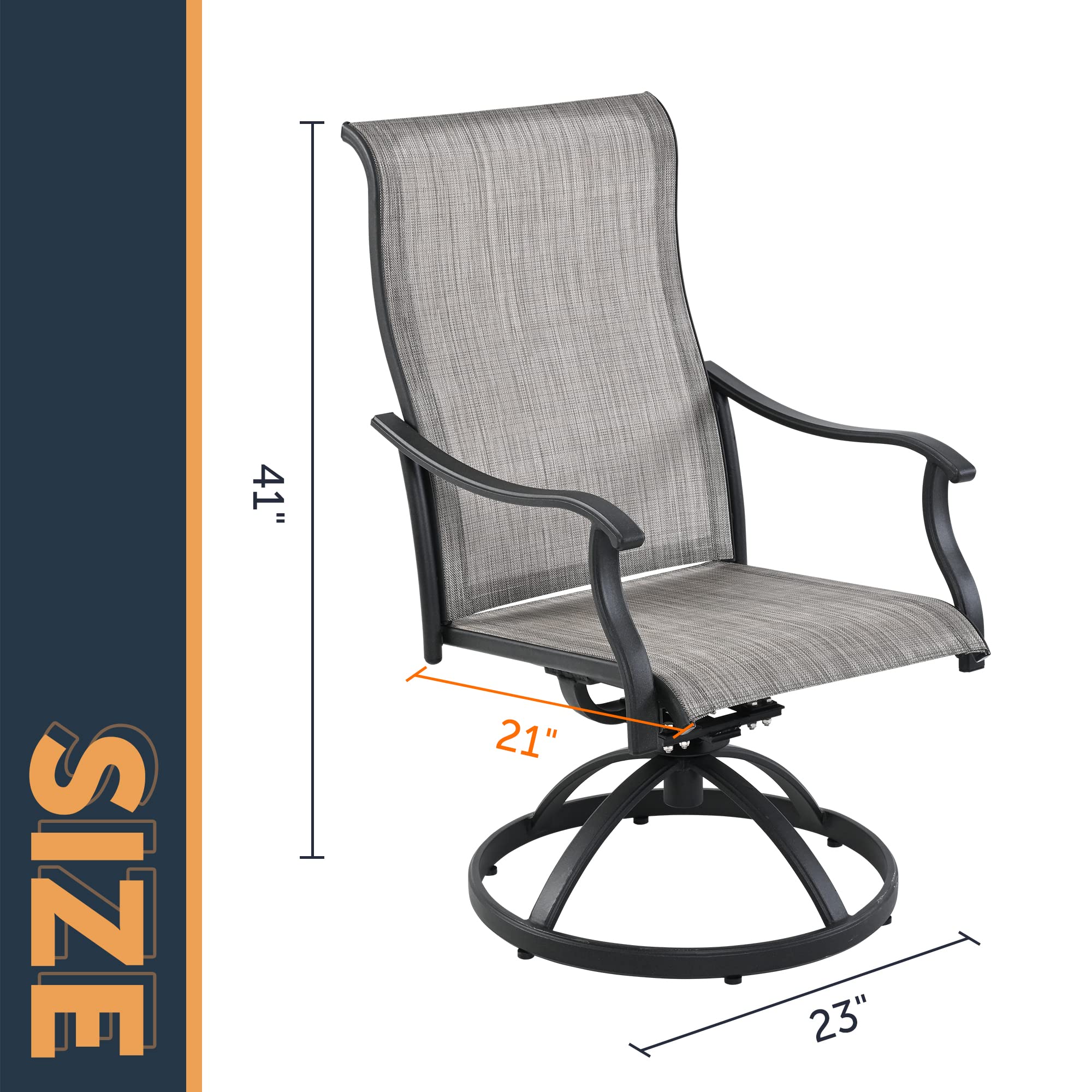 HAPPATIO 2-Piece Patio Dining Chairs Set - Outdoor Textilene Swivel Chairs with High Back & Armrests, Black Frame (Gray) - Perfect for Backyard, Poolside & Garden Relaxation