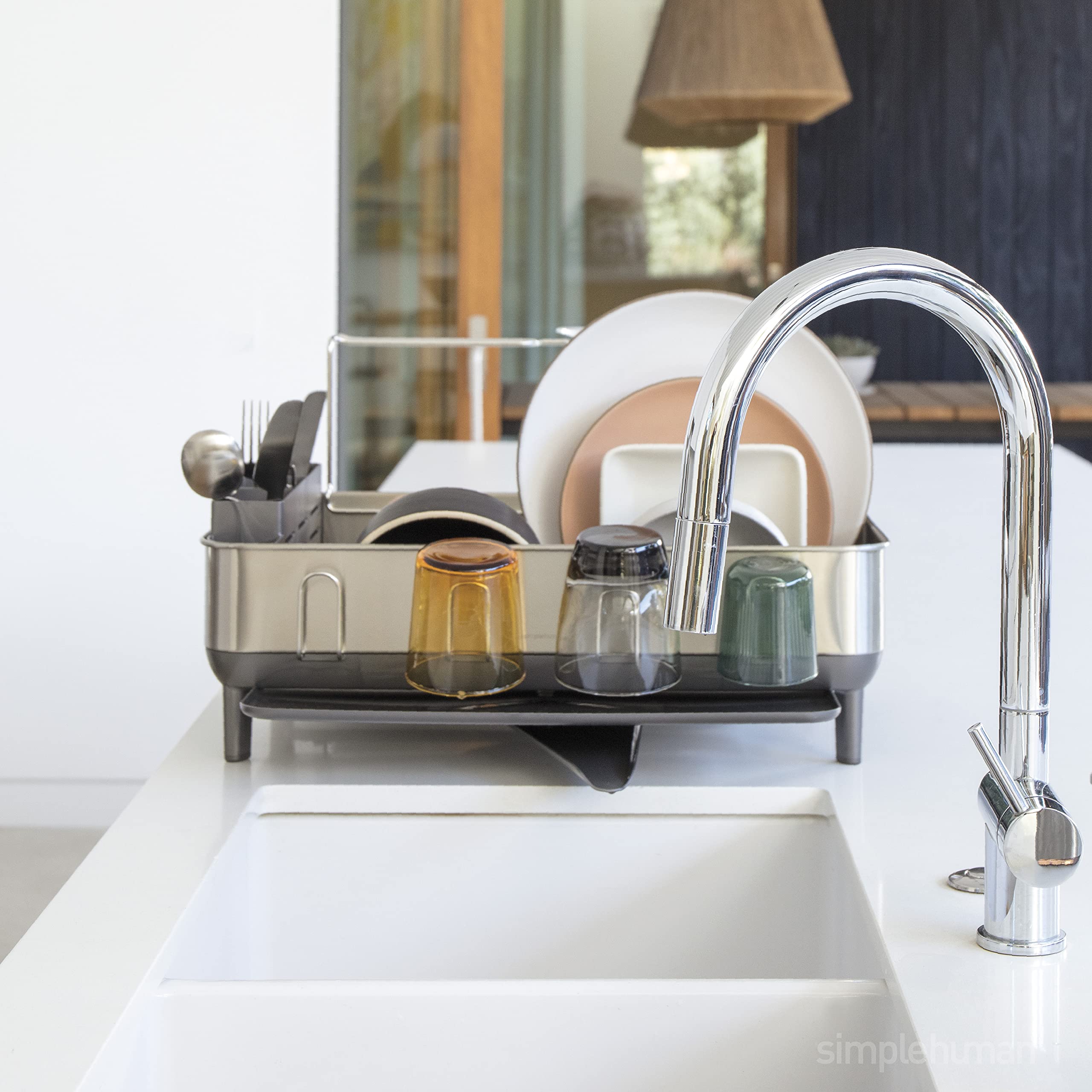 simplehuman Kitchen Dish Drying Rack with Swivel Spout | Fingerprint-Proof Stainless Steel Frame & Grey Plastic Tray | Space-Saving Countertop Organizer for Dishes, Cups & Utensils