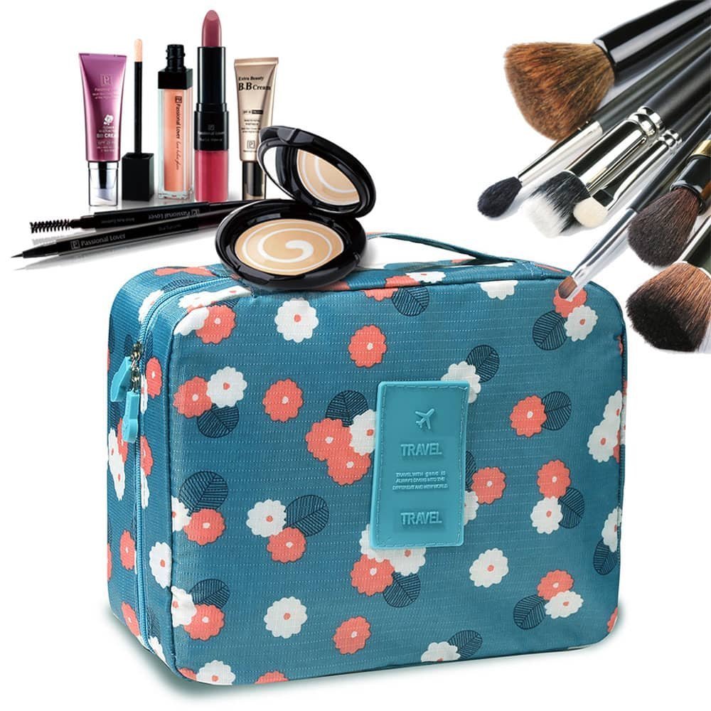 House of Quirk Travel Cosmetic Makeup Toiletry Case Storage Pouch Handbag - Dark Blue Floral Design | Perfect for Travel, Gym & Daily Organization