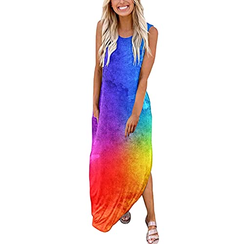 Women's Maxi Dress - Sleeveless Boho Summer Beach Sundress with Side Split & Pocket, O-Neck Tank Long Dress for Spring & Summer (Blue, XXL) - Perfect for Vacations, Parties, and Casual Outings