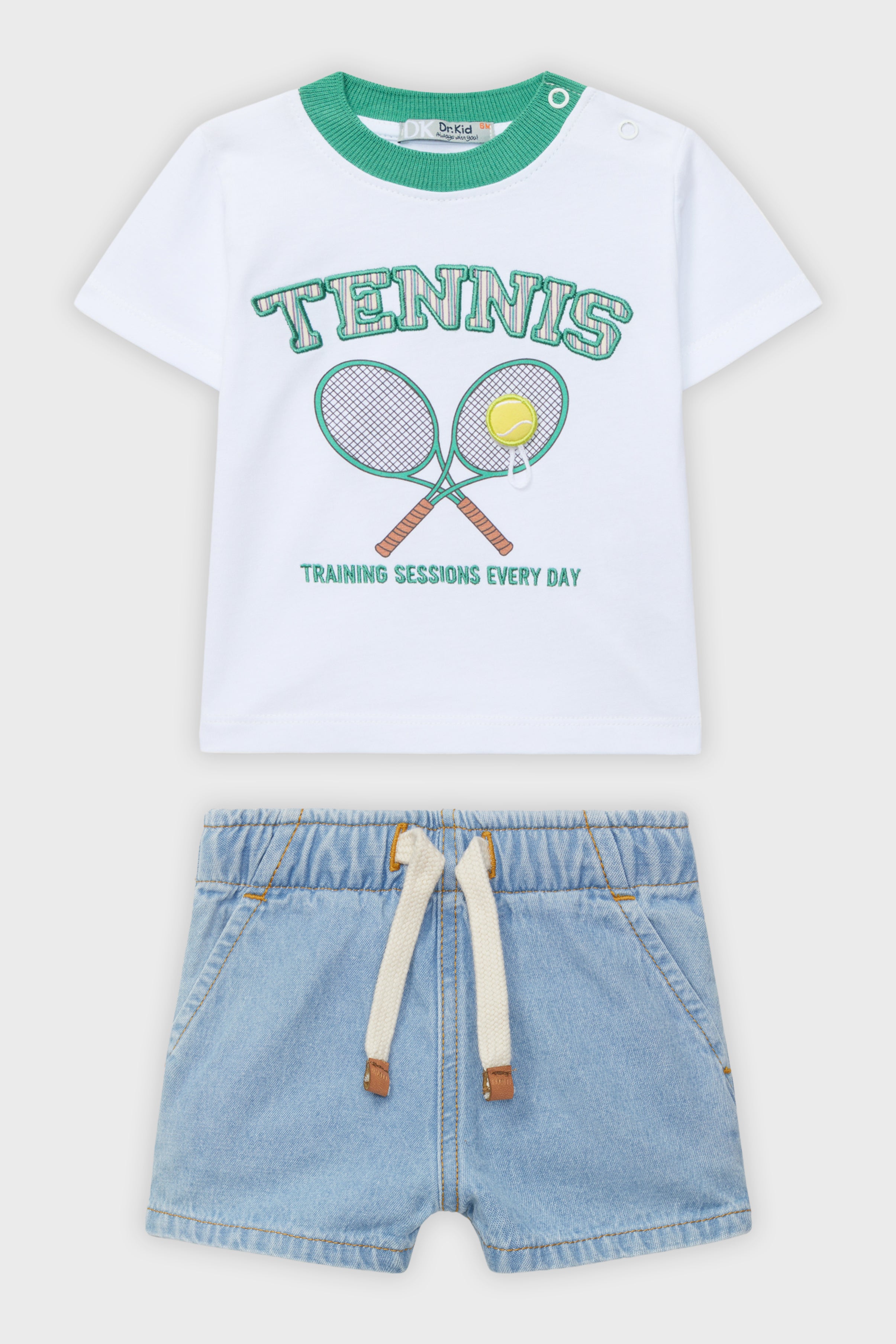 Breathable Green Tennis T-Shirt & Comfortable Denim Shorts Set - Perfect for Outdoor Sports, Casual Wear, and Summer Activities