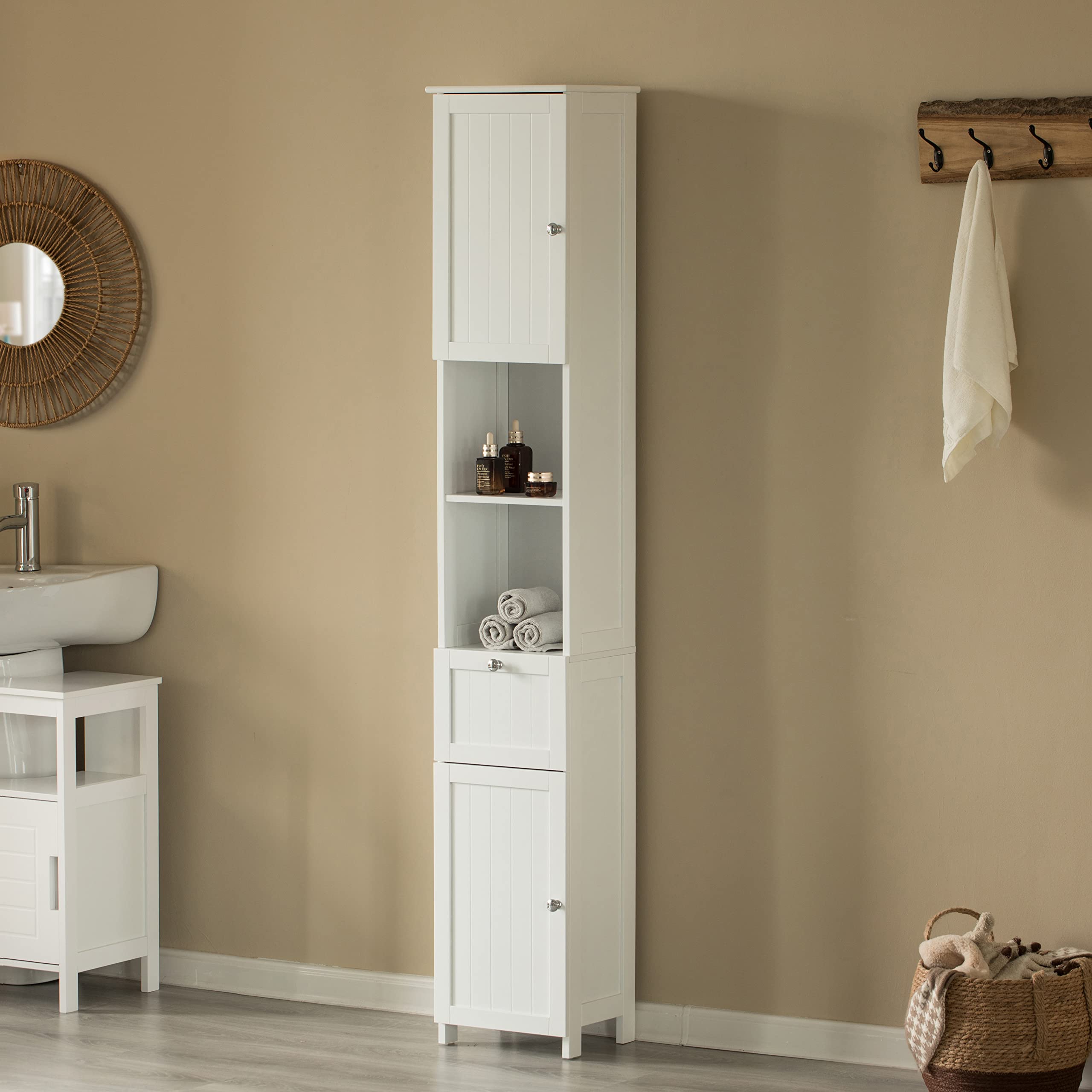 Basicwise White Tall Standing Linen Tower Storage Cabinet - Organize Bathroom & Vanity Essentials - Perfect for Towels, Toiletries & Cosmetics Storage