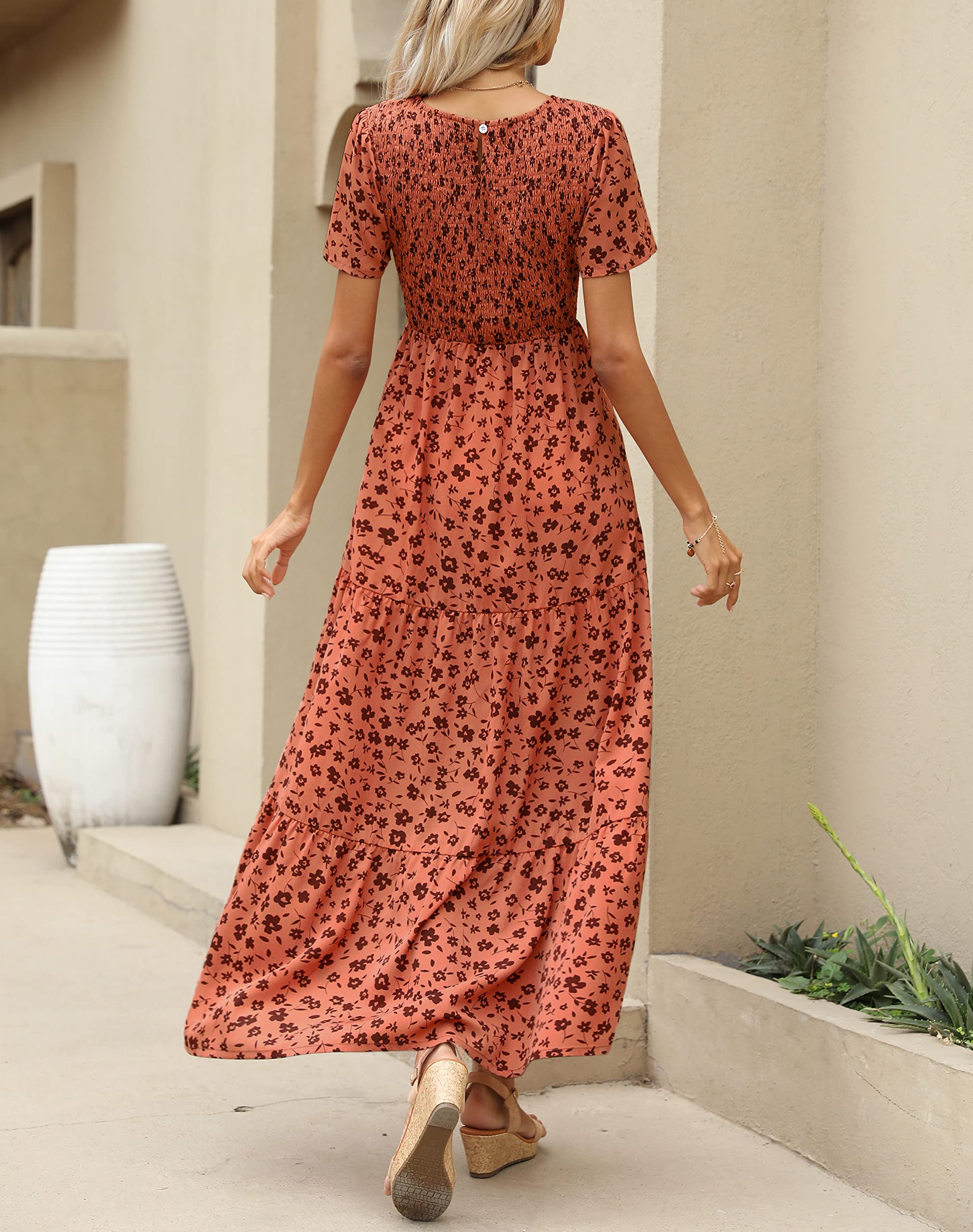 Maggeer Women's 2025 Spring Summer Floral Boho Maxi Dress - Smocked Waist Wedding Guest Dress with Short Sleeves, Flowy Long Dress for Beach Vacation, Garden Party & Casual Outings