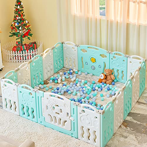 Albott 18-Panel Baby Playpen - Safety Sturdy Kids Play Center for Indoor & Outdoor Use - Portable Play Yard with Gate for Toddlers (Blue & White) - Perfect for Home, Backyard, Daycare & Travel