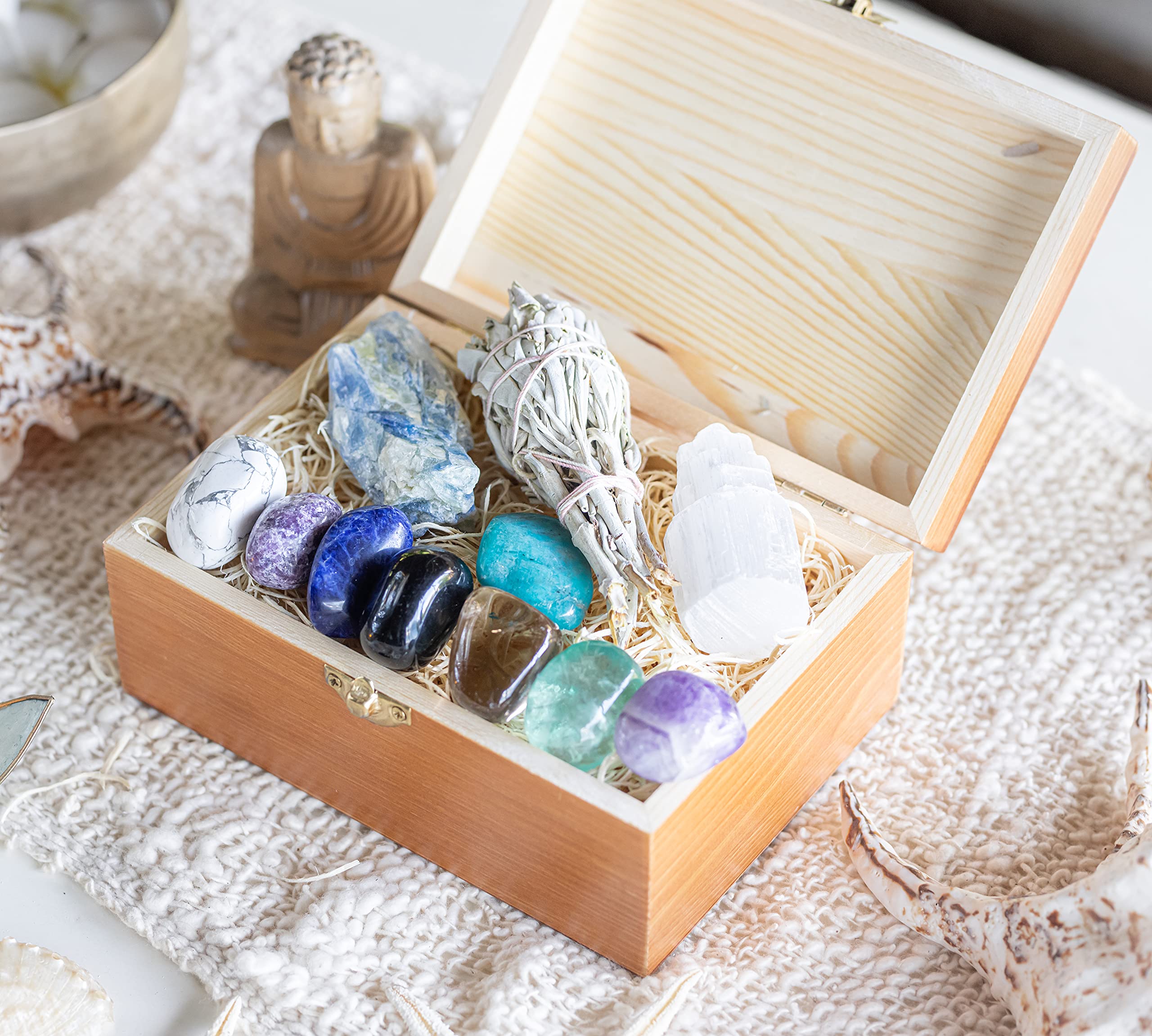 CRYSTALYA Large Healing Stones Set - Amethyst, Lepidolite, Fluorite, Smoky Quartz, Selenite for Stress Relief & Anxiety | Wooden Gift Box with Sage & 50pg Ebook | Meditation, Yoga, Home Decor, Spiritual Healing Gifts